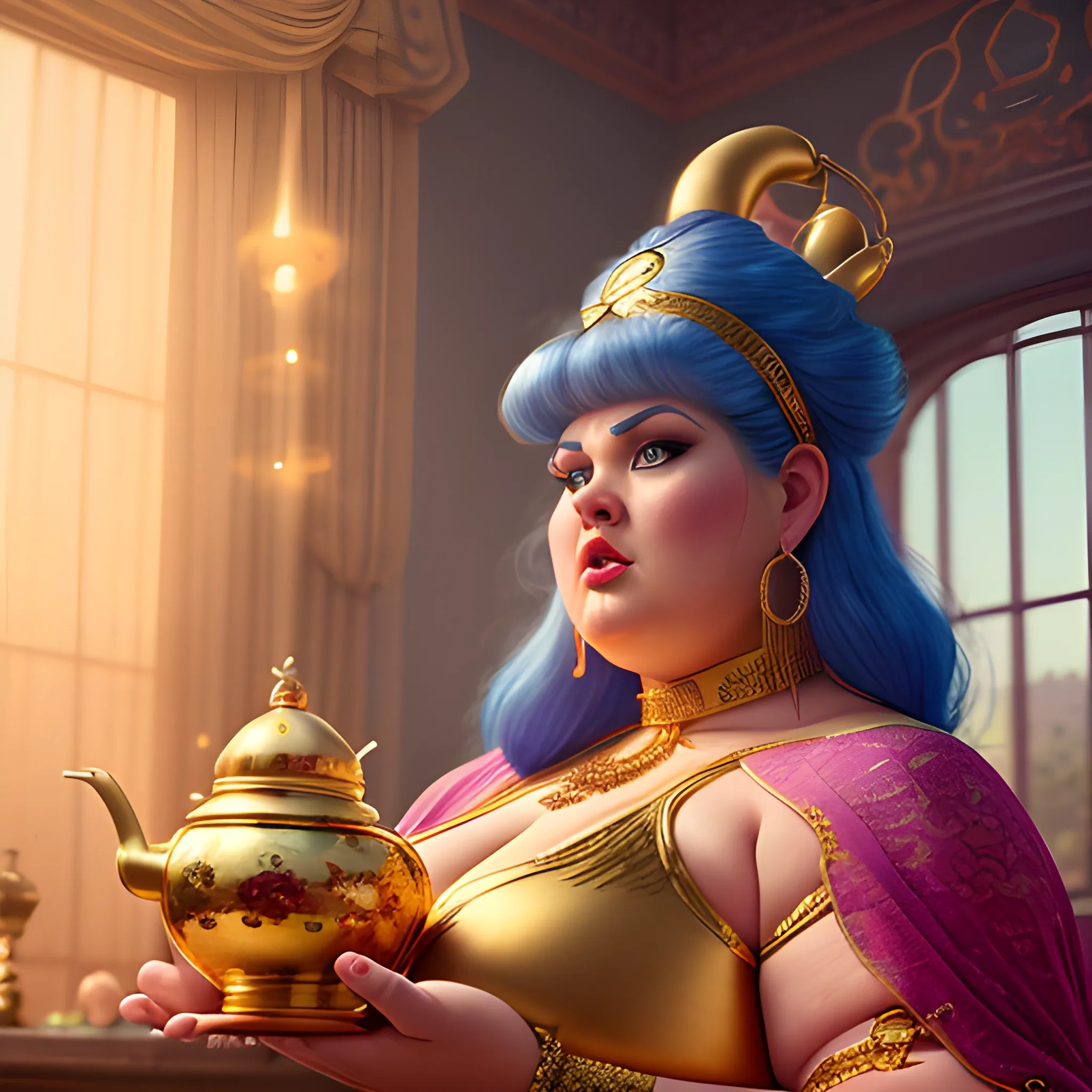  Realistic, high-quality, 8k, extremely detailed photography, high detail photography, big beautiful, adult woman, plus size, gigantic, towering height, female genie being summoned from her magic golden teapot, she hasn't seen a person in centuries, genie cuffs and jewelry,