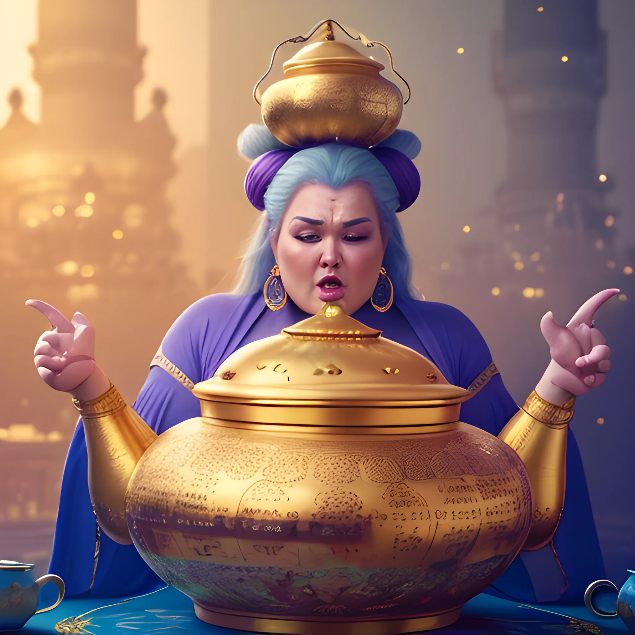  Realistic, high-quality, 8k, extremely detailed photography, high detail photography, big beautiful, adult woman, plus size, gigantic, towering height, female genie being summoned from her magic golden teapot, she hasn't seen a person in centuries, genie cuffs and jewelry,