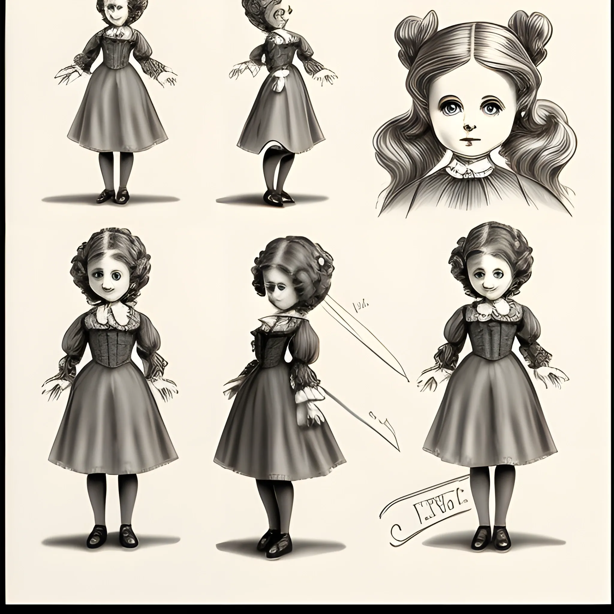 character sheet, cute cartoon victorian doll in different poses and angles, Pencil Sketch