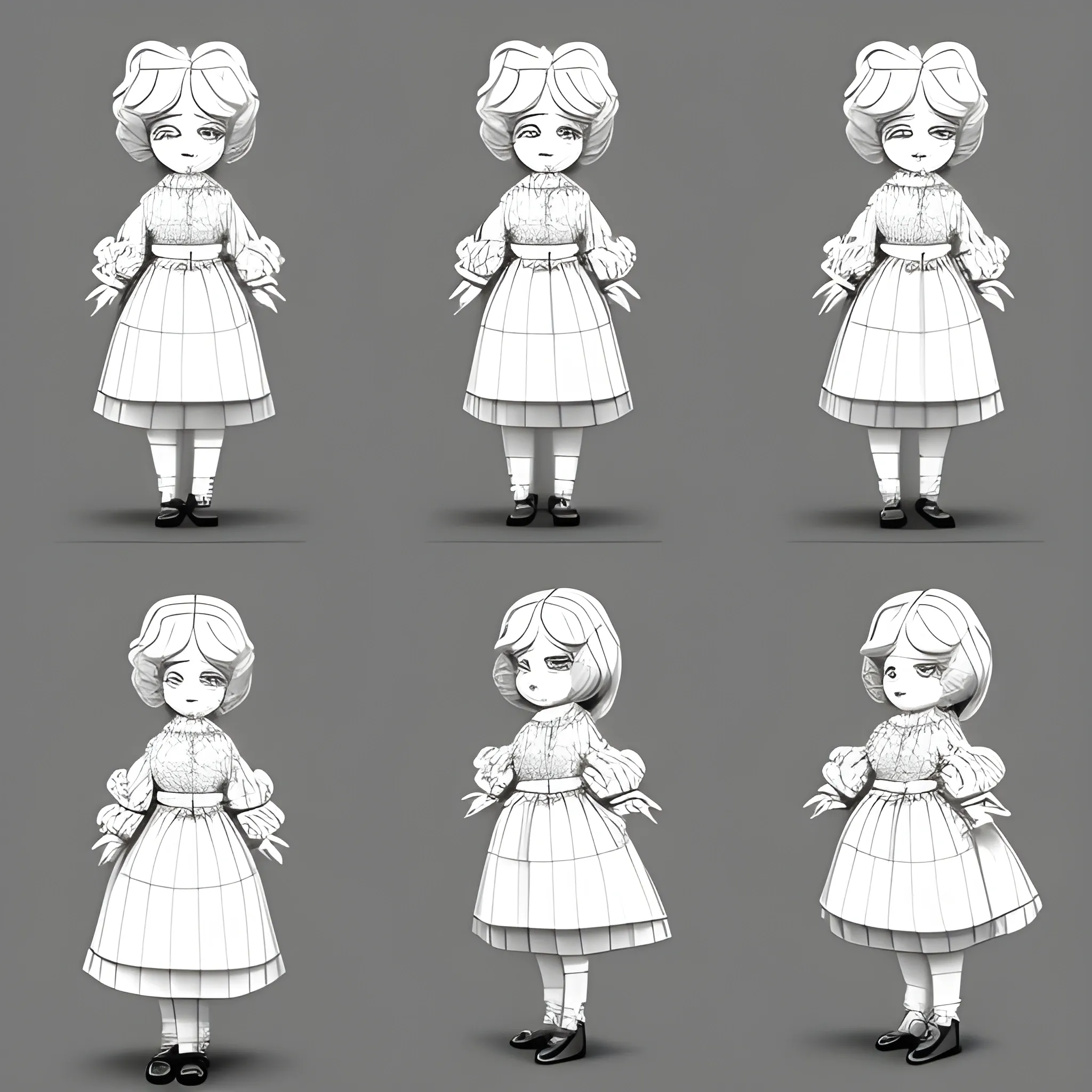 character sheet, cute cartoon victorian doll in different poses and angles, Pencil Sketch, 3D
