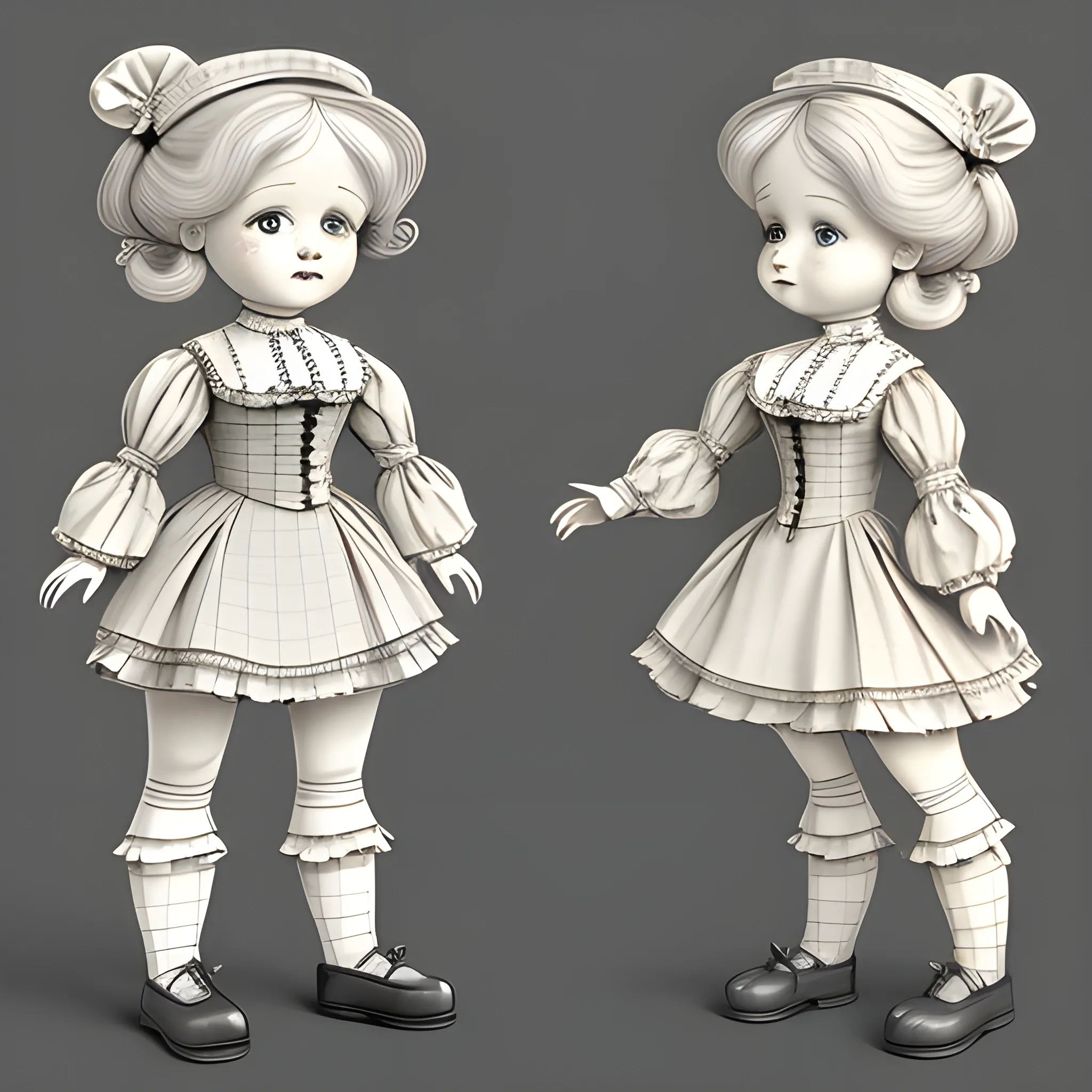 character sheet, cute cartoon victorian doll in different poses and angles, Pencil Sketch, 3D, 3D, Water Color