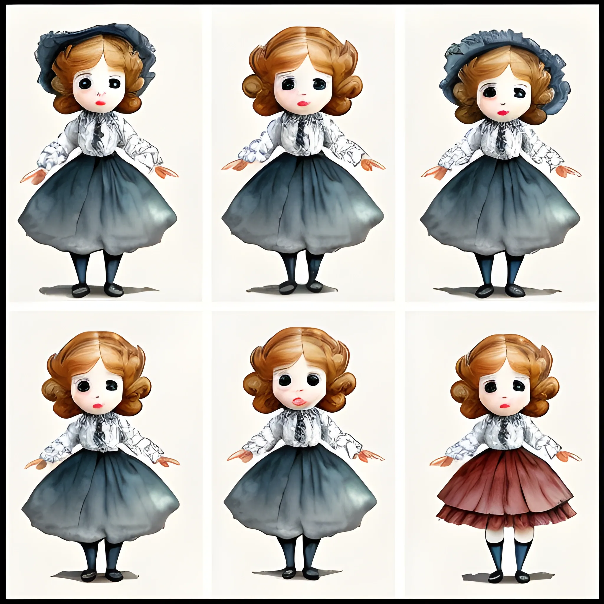 character sheet, cute cartoon victorian doll in different poses and angles, Water Color