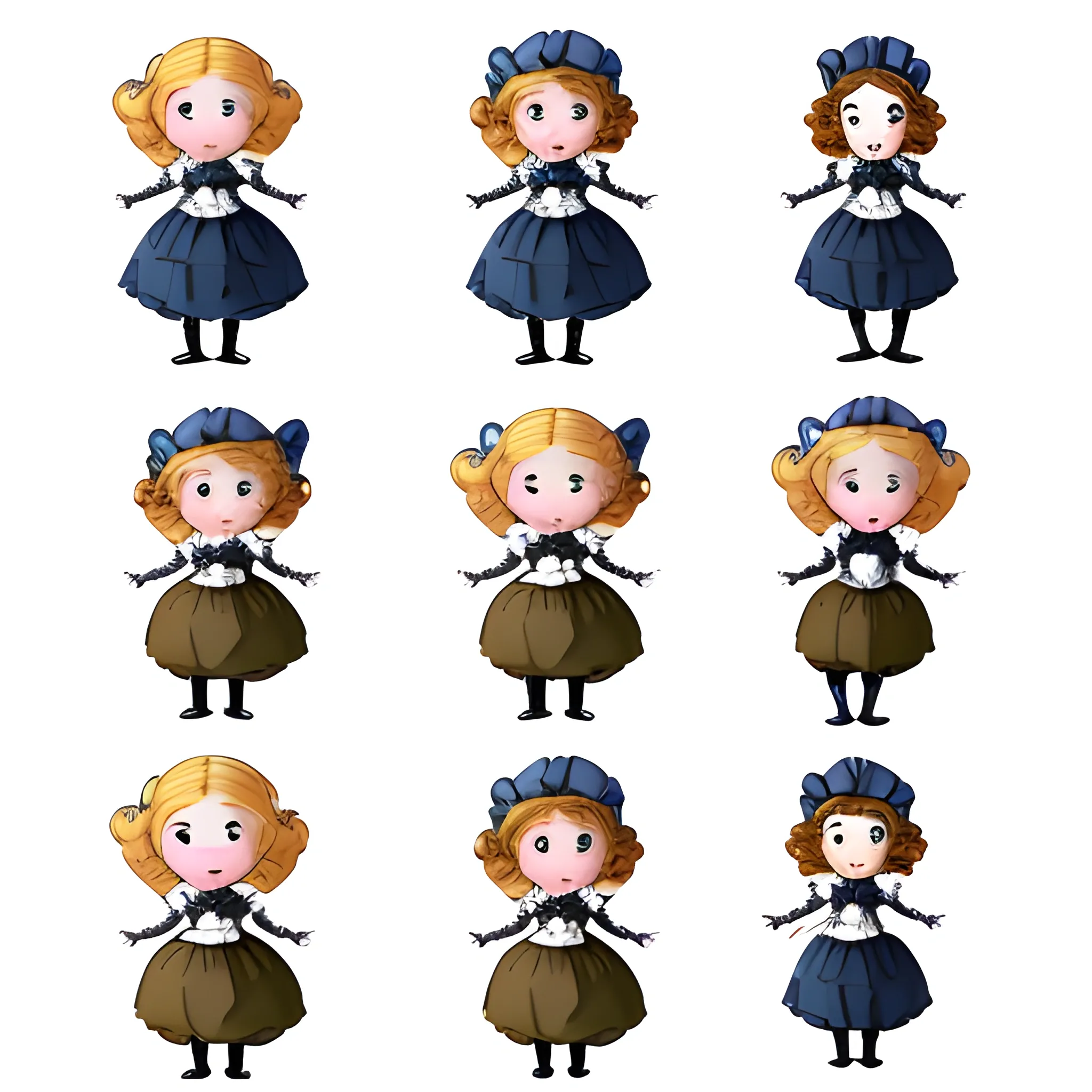 character sheet, cute cartoon victorian doll in different poses and angles, , Cartoon