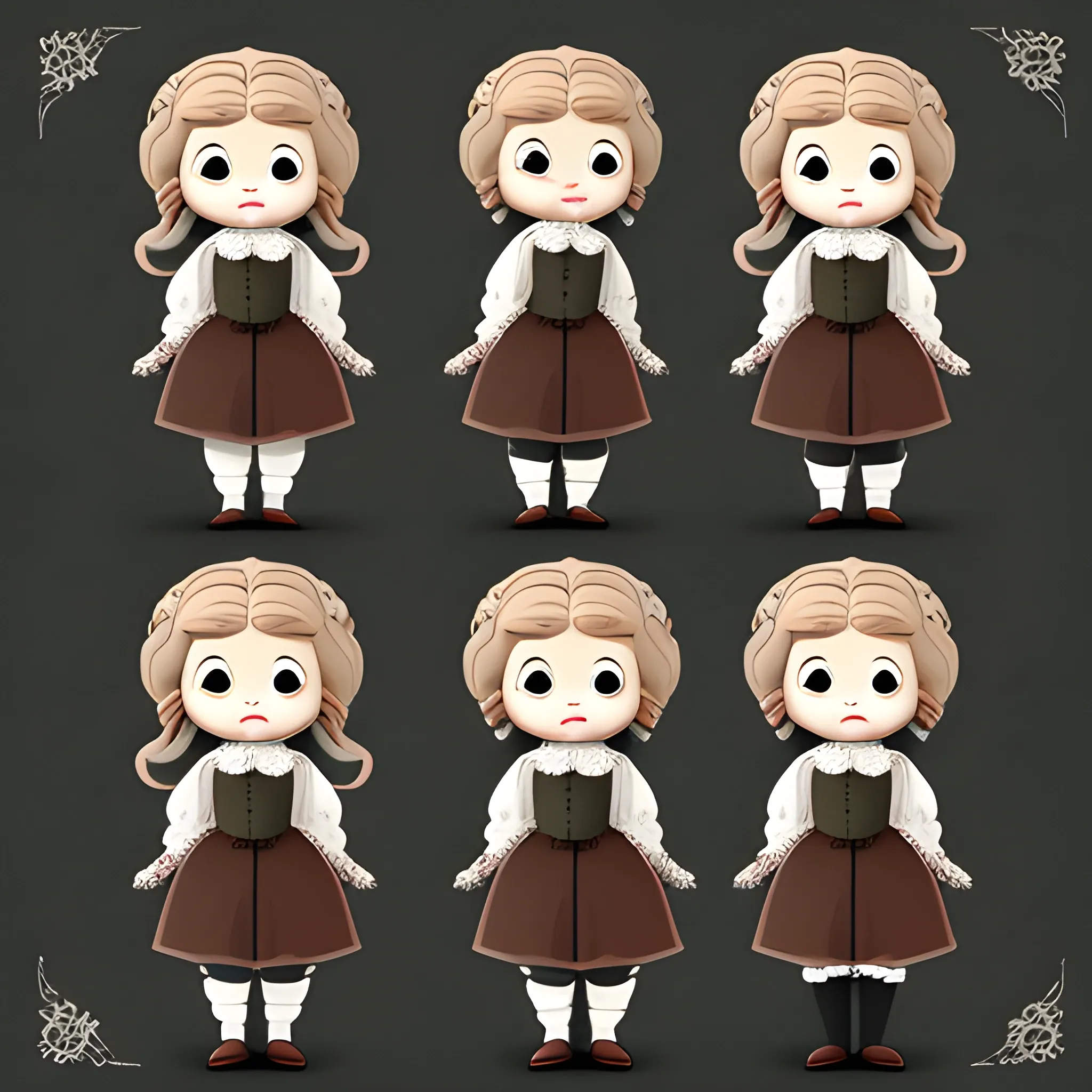 character sheet, cute cartoon victorian doll in different poses and angles
