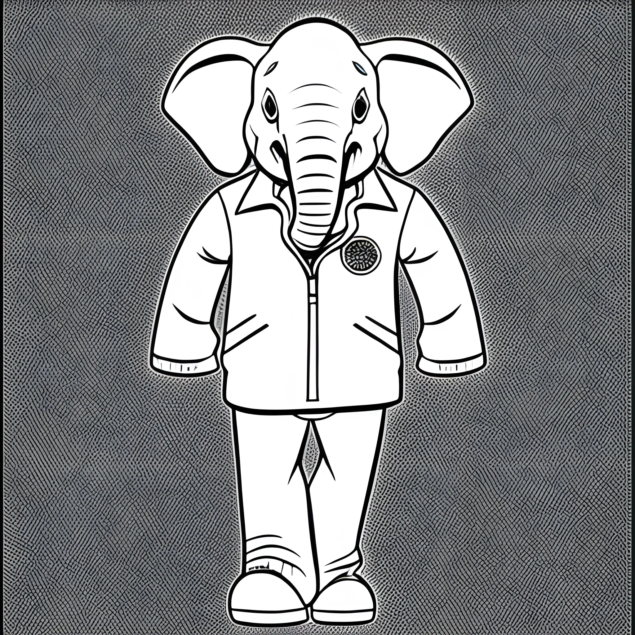 Coloring pages for kids, cartoon funny full body elephant wearing a jacket, white background, No Shading, only black and white colors