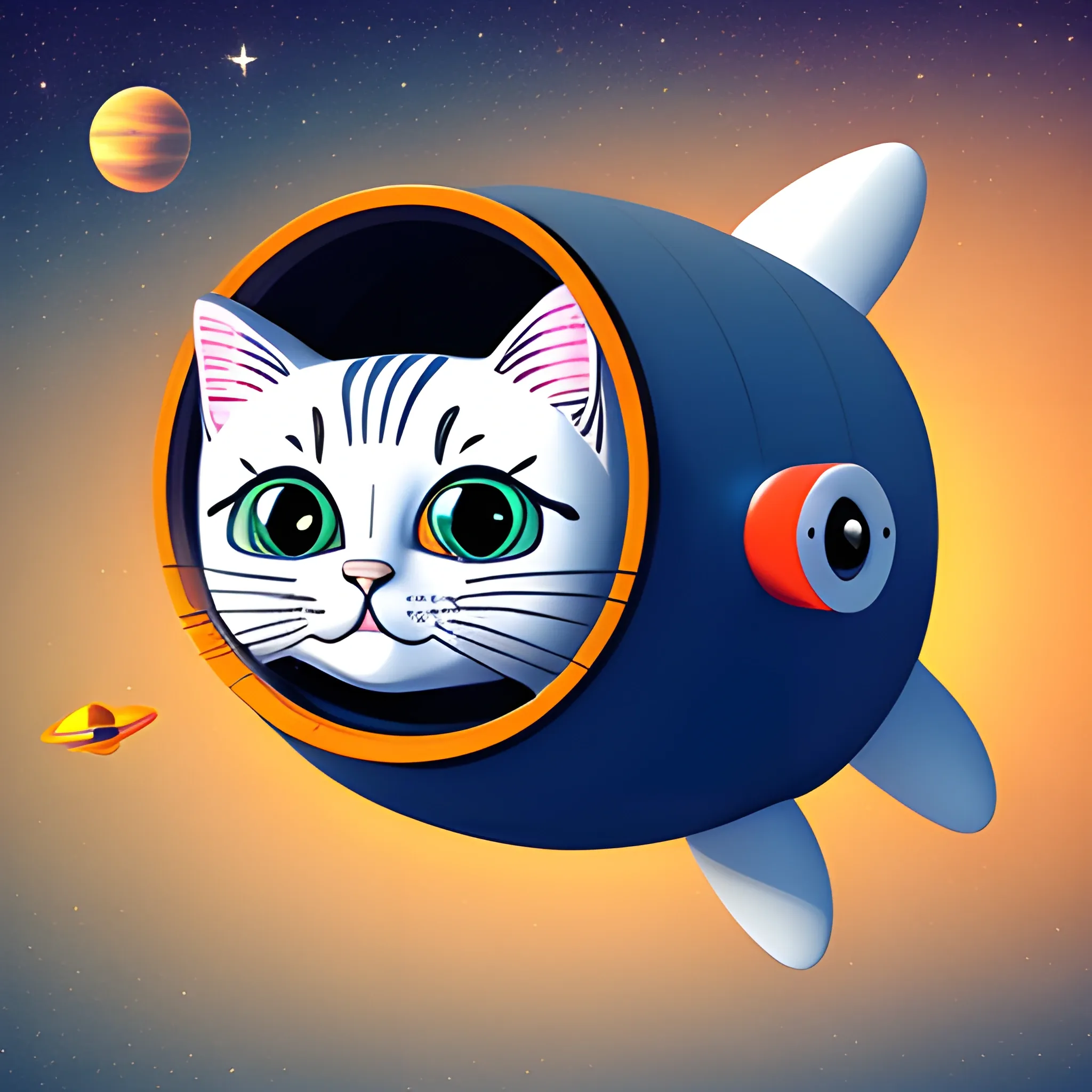 make a happy cat in a space rocket, 3D and comic style