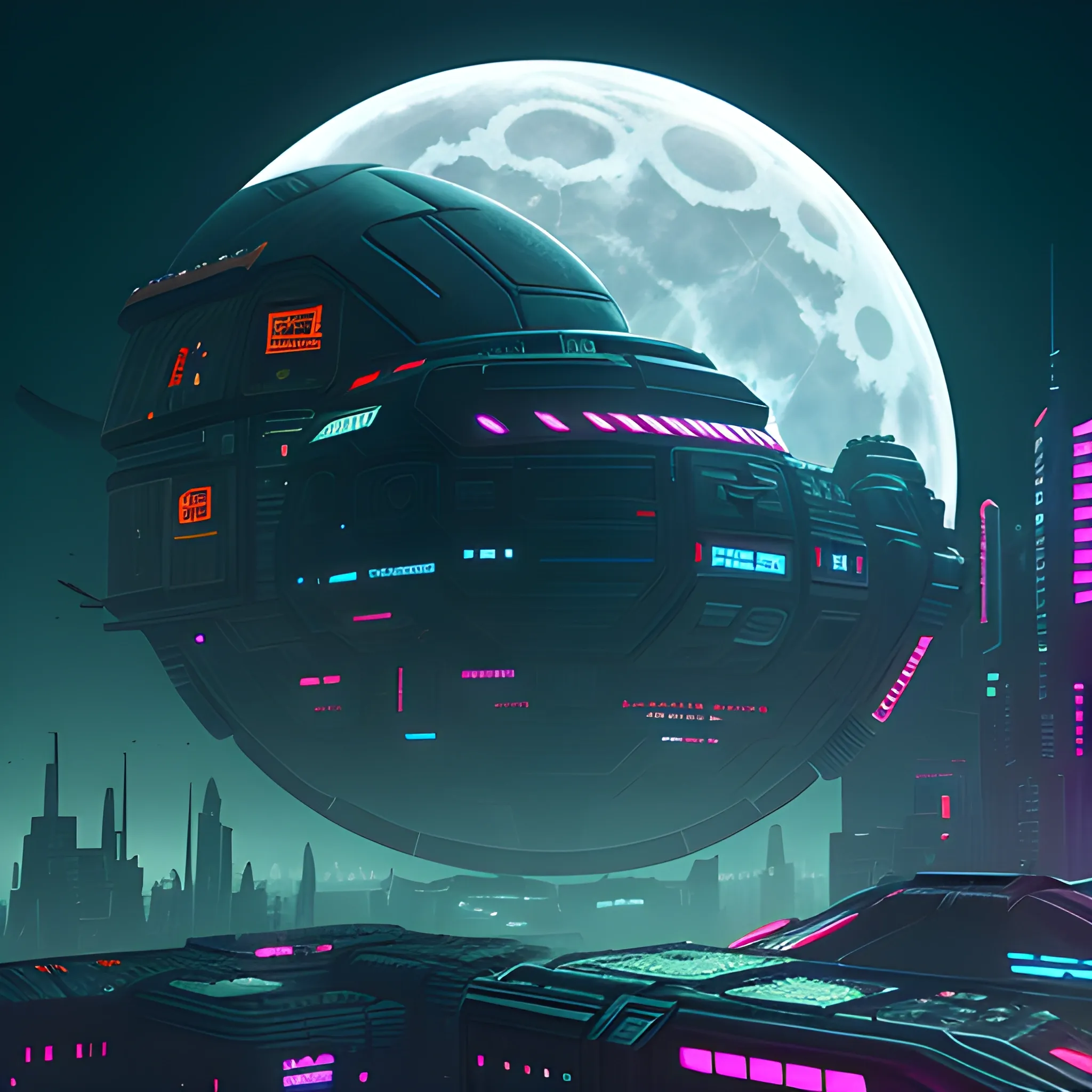 Cyberpunk style landscape for web3 game, buildings, flying vehicle and etc. dark background with large moon-like planet. High definition. Future