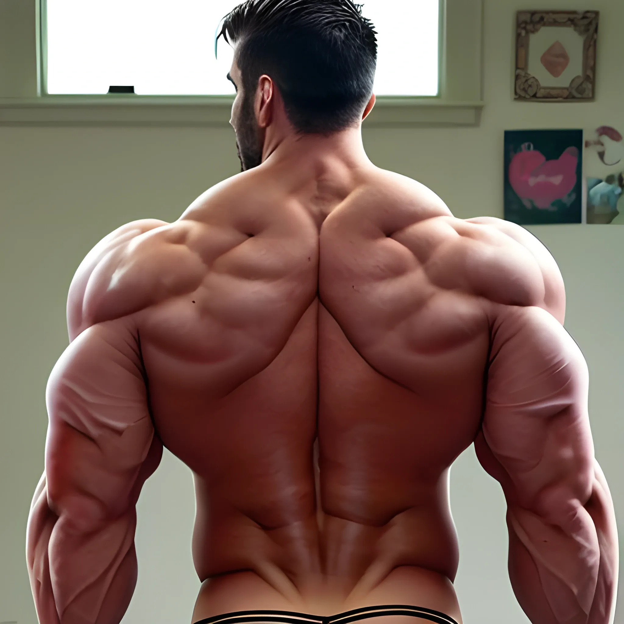 Muscular man in a thong turned around