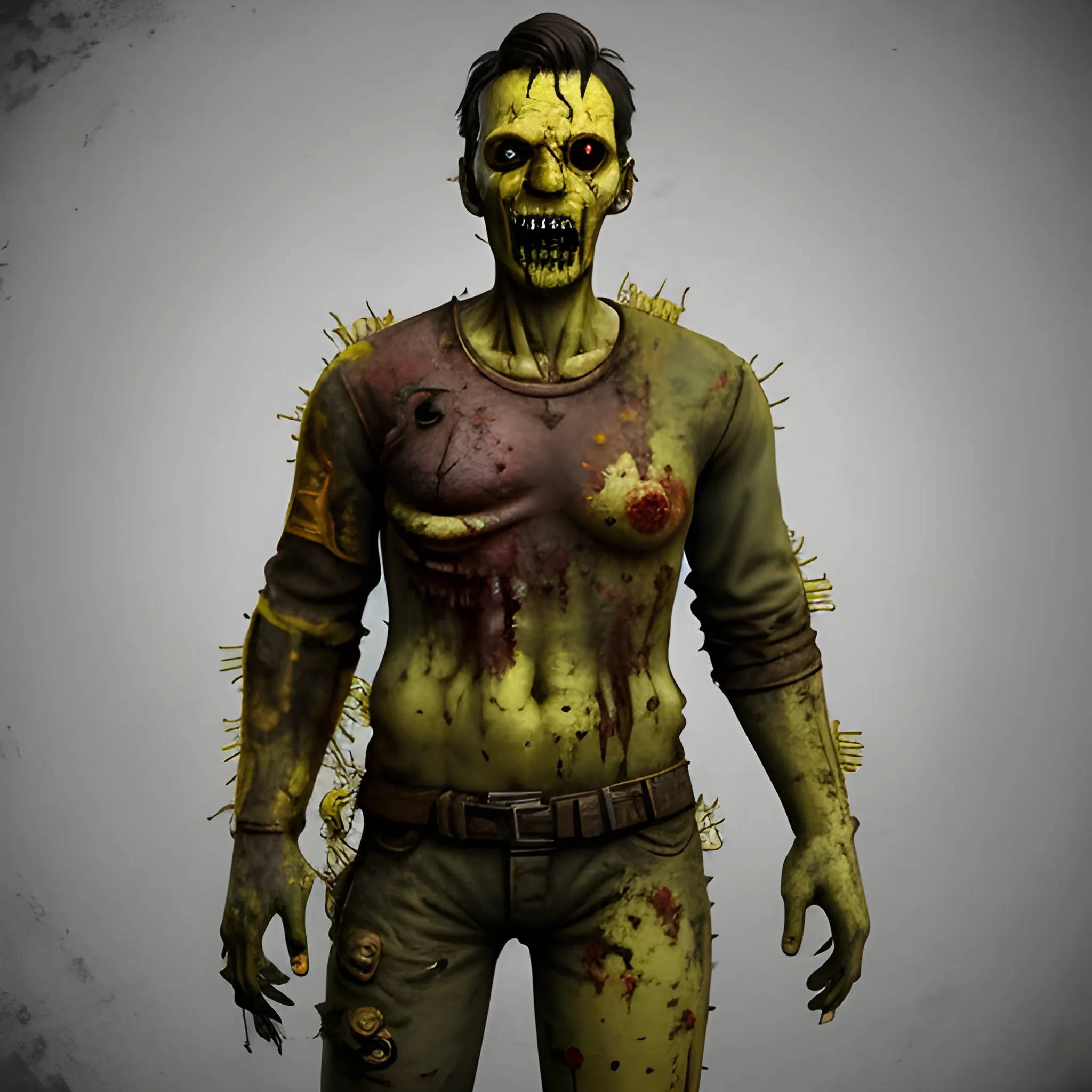 fallout 4 style, masterpiece, full body feral zombie with yellow skin, no nose, and several glowing pustules

