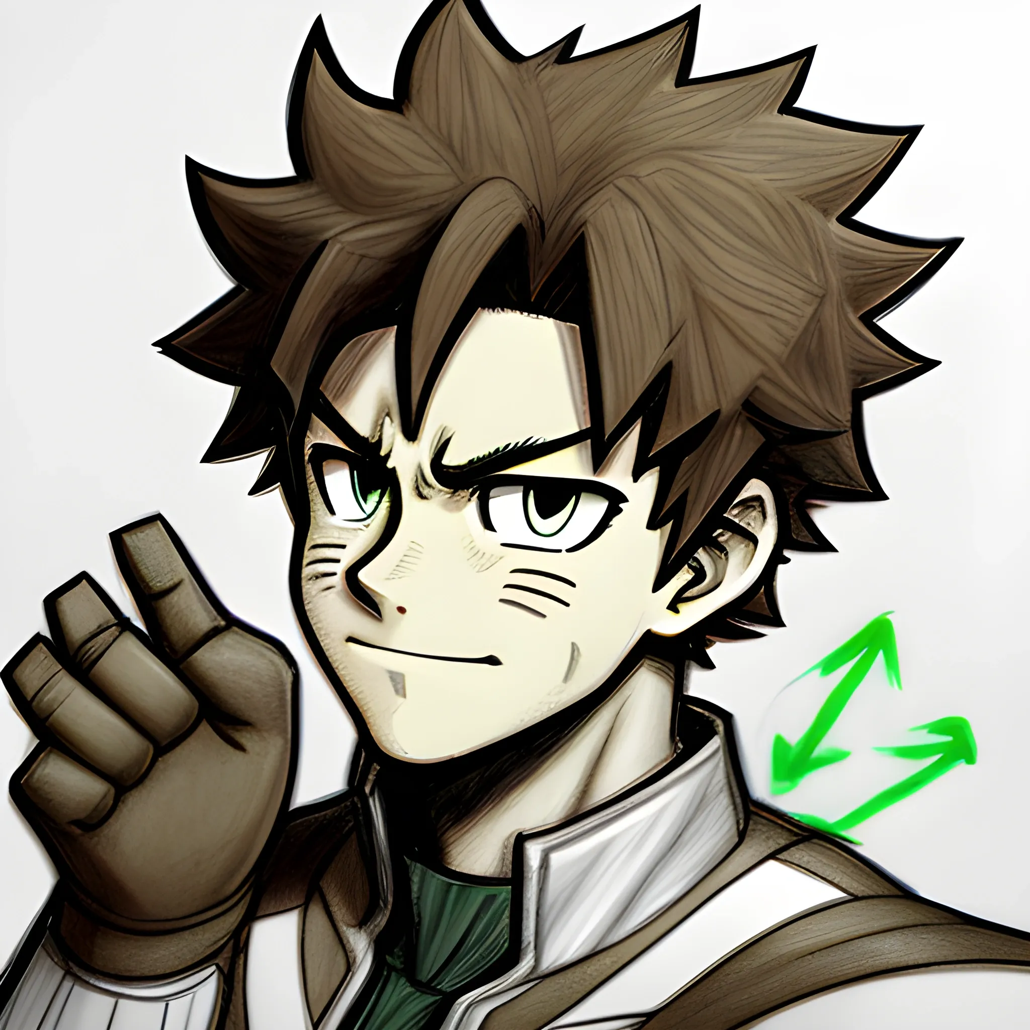 my hero academia male oc with brown curly hair and brown eyes and green electricity around hands looking melancholic, Pencil Sketch, 3D, Cartoon