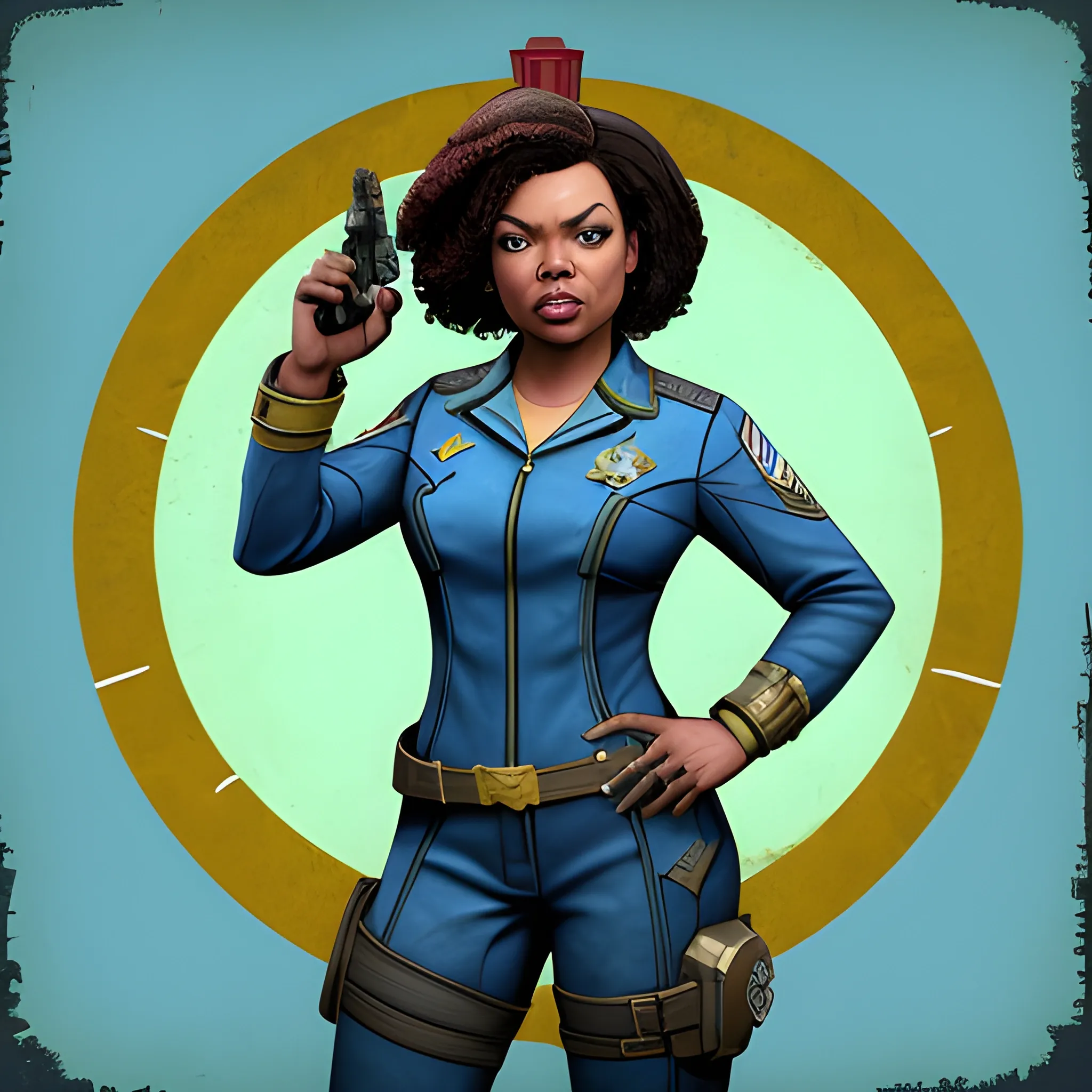 In the style of Fallout New Vegas, masterpiece, Yvette Nicole Brown, Allion brie, Gillian Jacobs as vault dwellers in blue vault suit