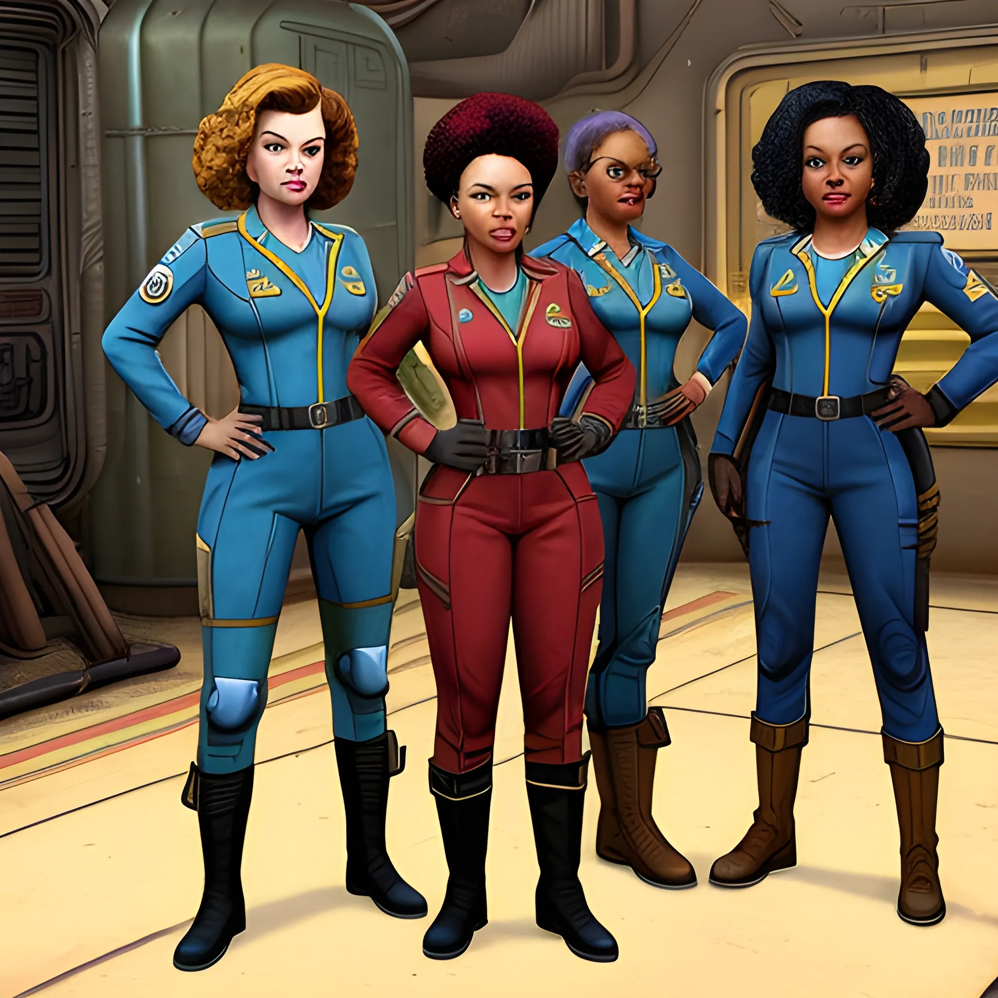 In the style of Fallout New Vegas, masterpiece, group of( Yvette Nicole Brown, Allion brie, and Gillian Jacobs) as vault dwellers in blue vault suit