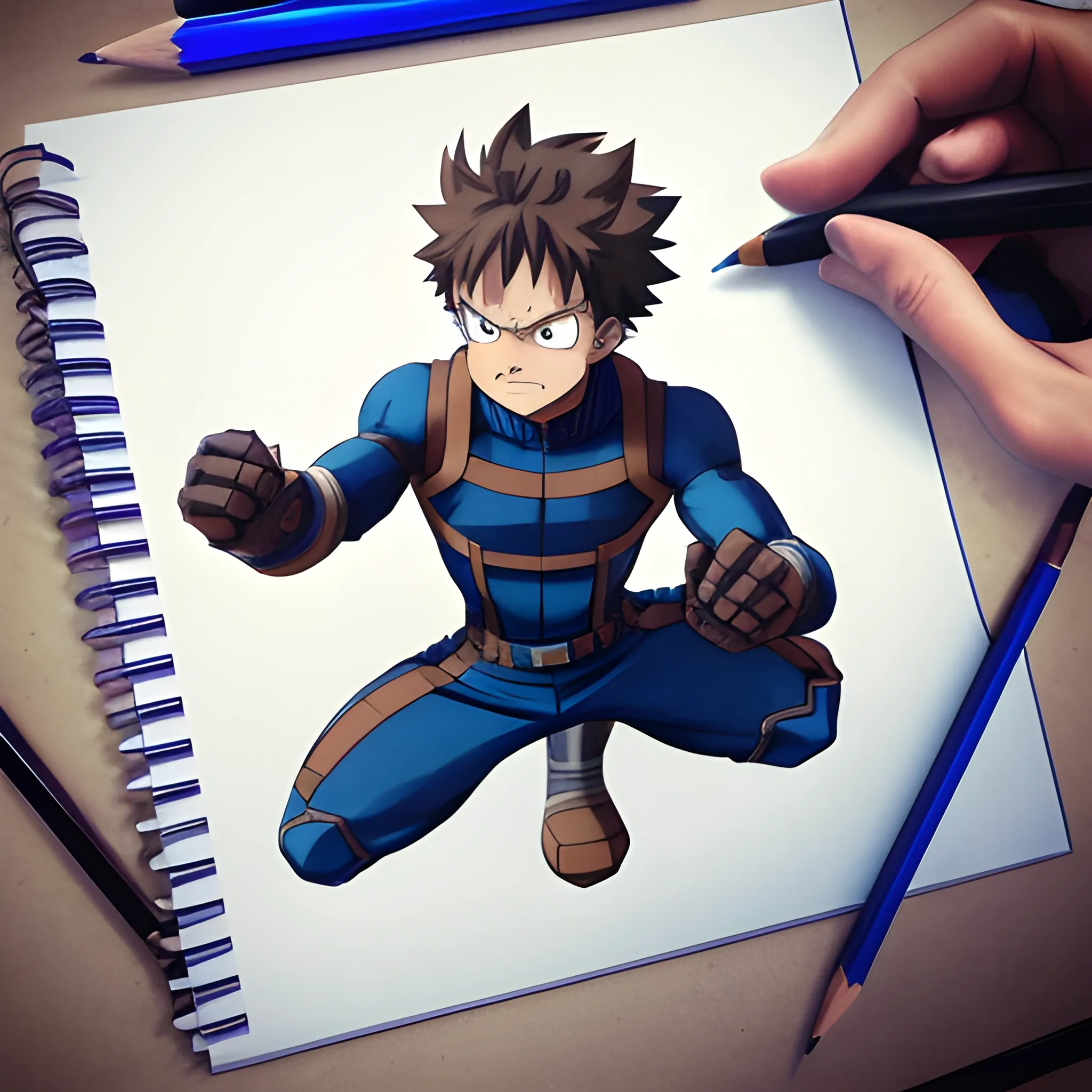 my hero academia villian male oc with brown  hair and brown eyes and blue electricity around hands looking melancholic,Cartoon, 3D, Pencil Sketch