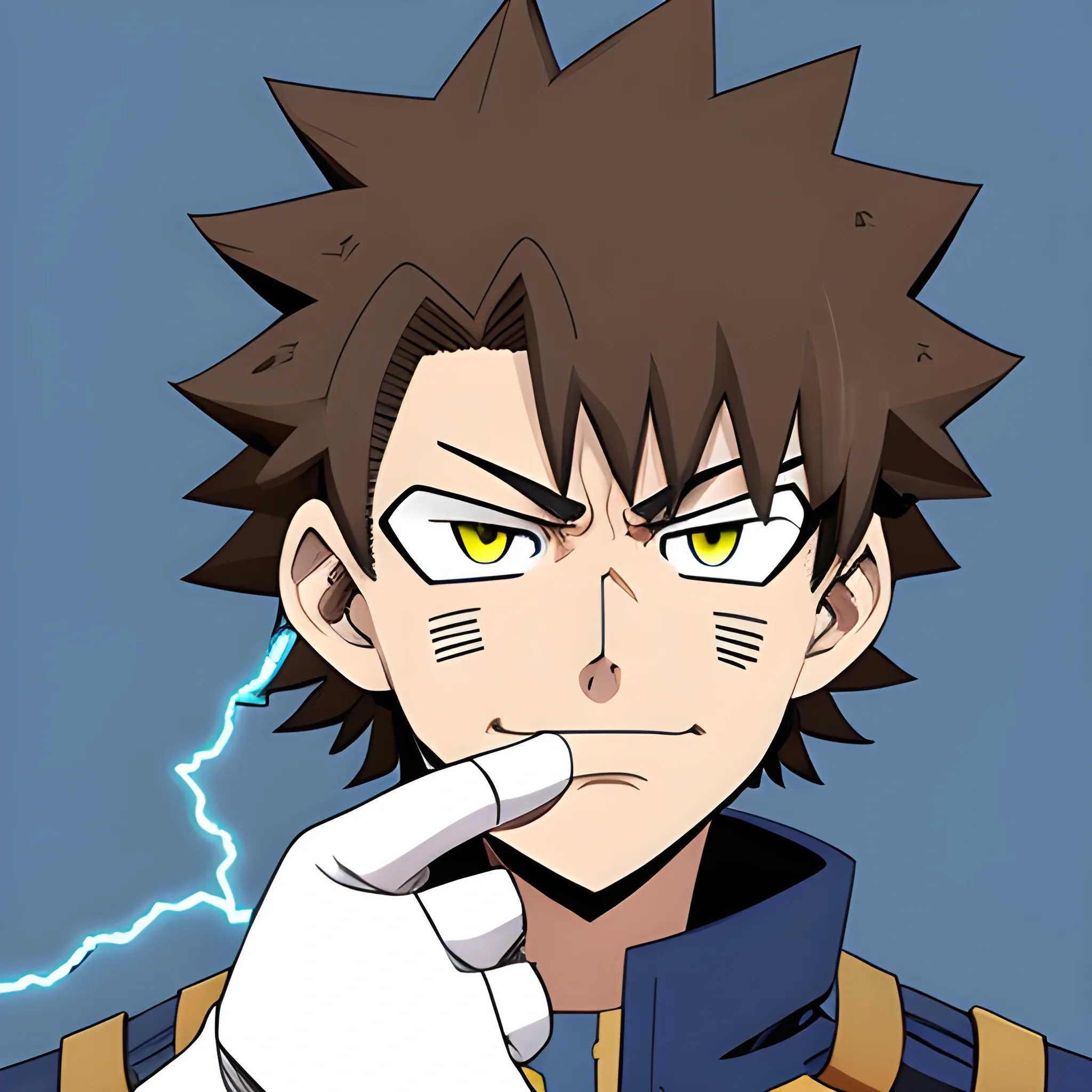 my hero academia villian male oc with brown  hair and brown eyes and blue electricity around hands looking melancholic,Cartoon