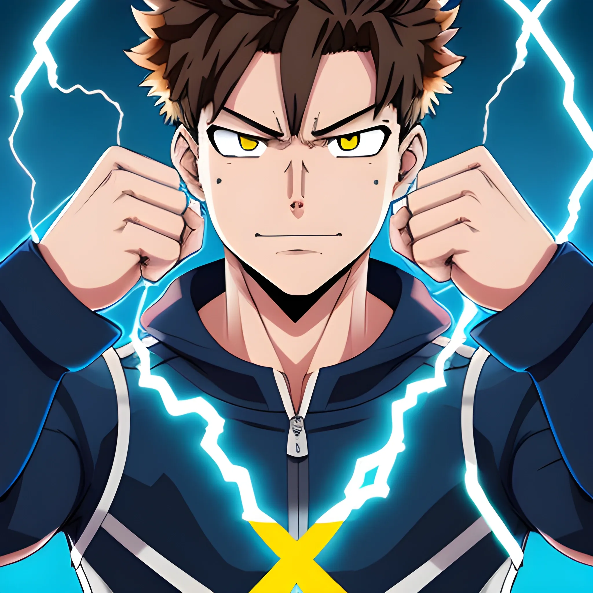 my hero academia male oc with brown hair and brown eyes and blue electricity around hands looking melancholic