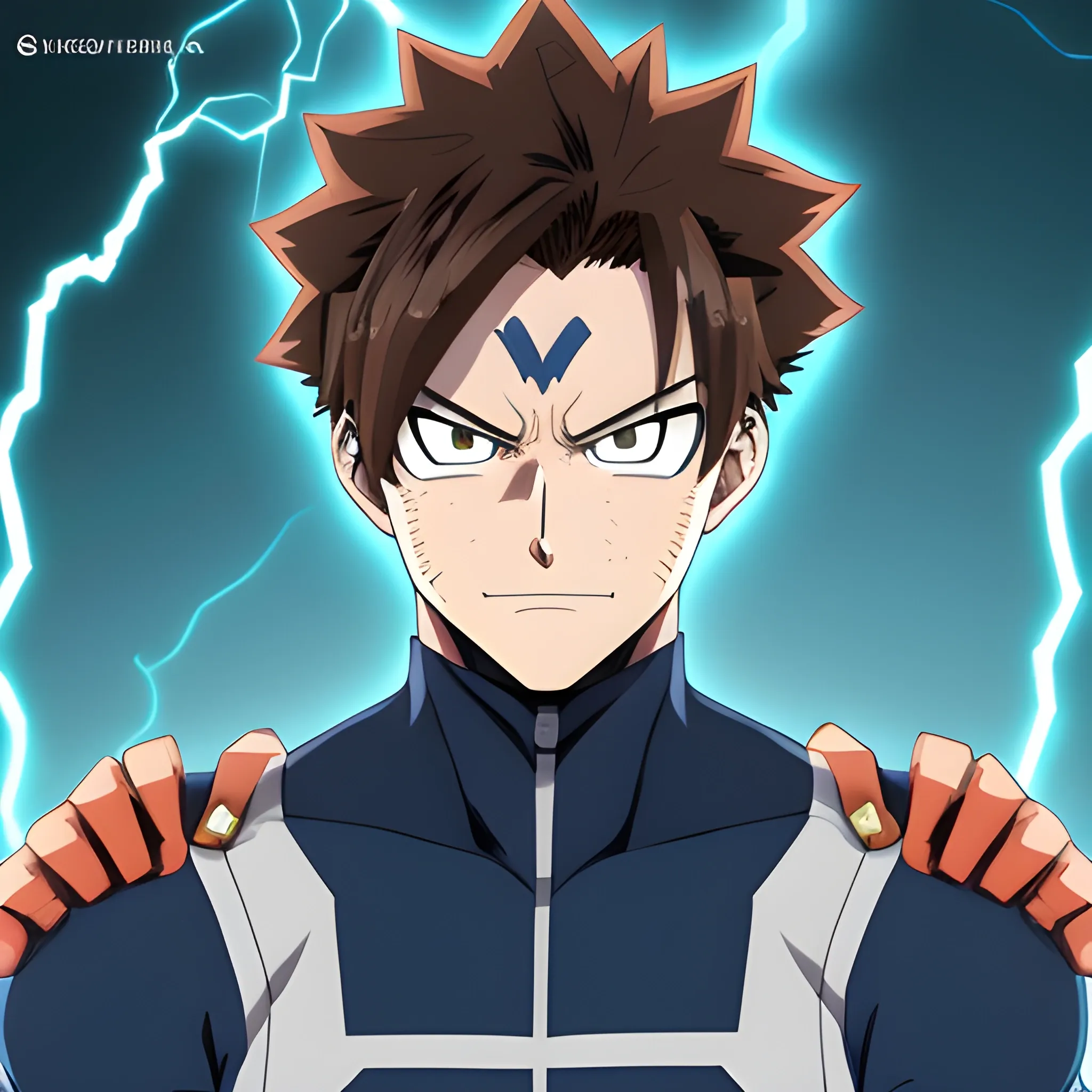 my hero academia male oc, villian, with brown hair and brown eyes and blue electricity around hands looking melancholic