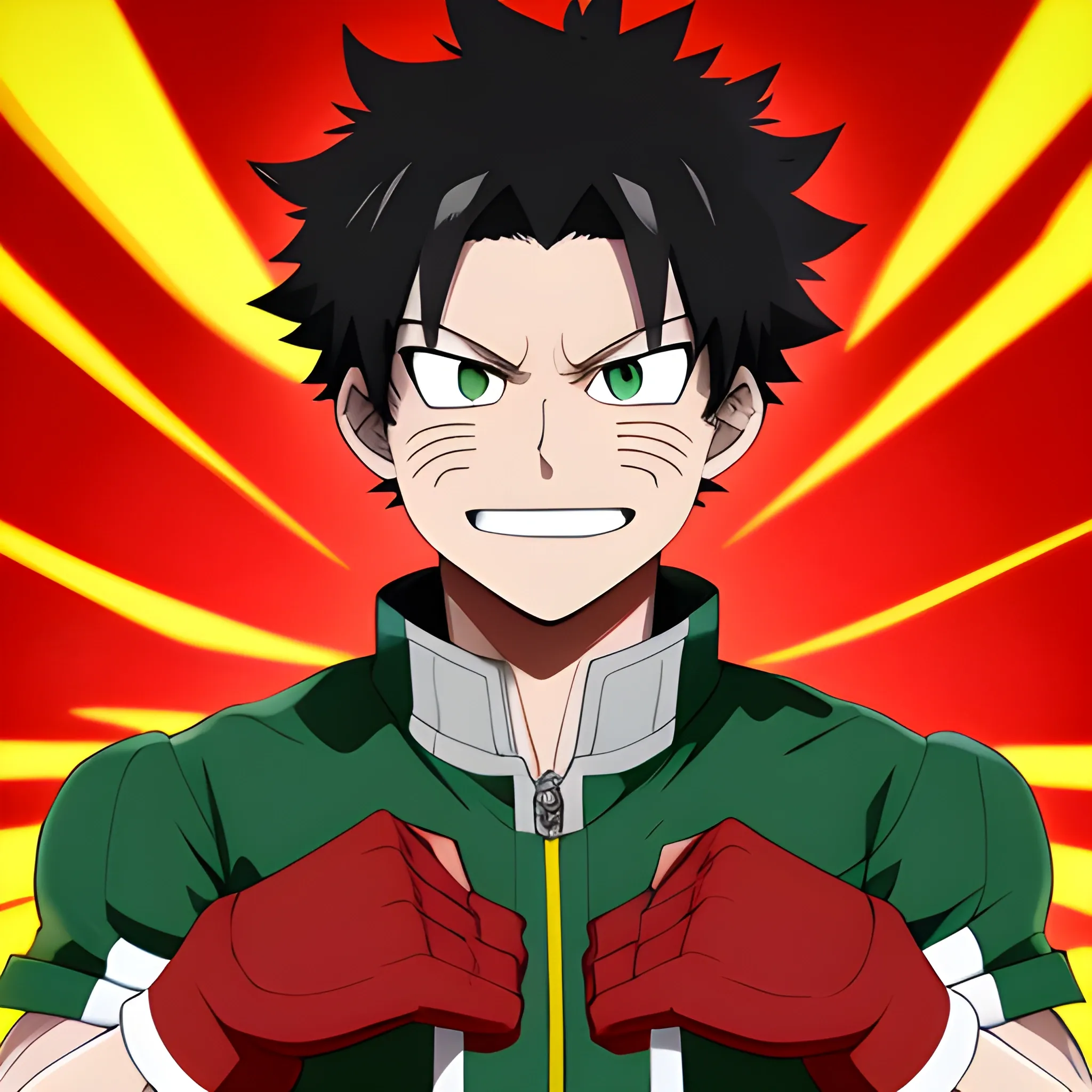 my hero academia male oc, with black hair and green eyes and red fire around hands looking happy