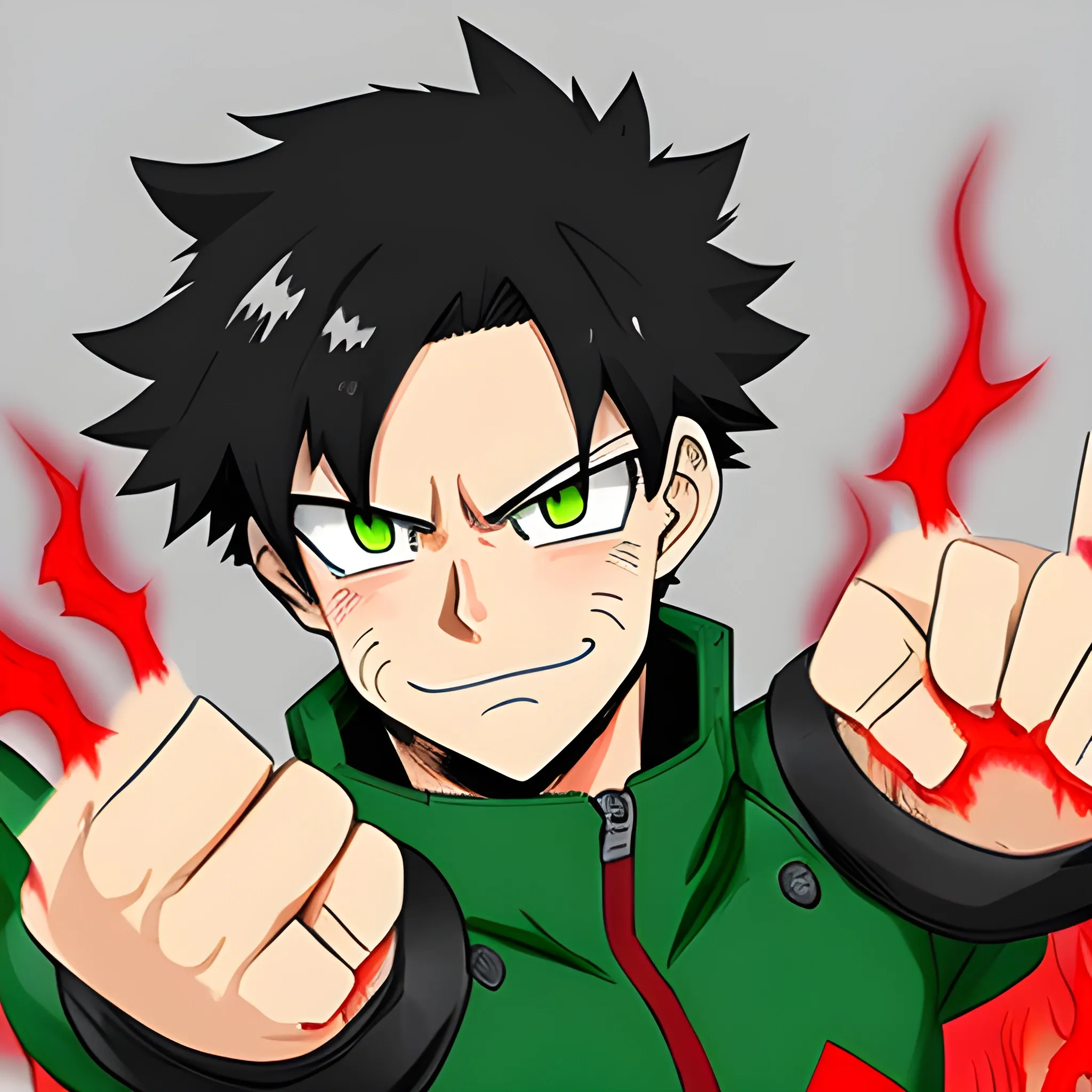 my hero academia male oc, with black hair and green eyes and red fire around hands 
