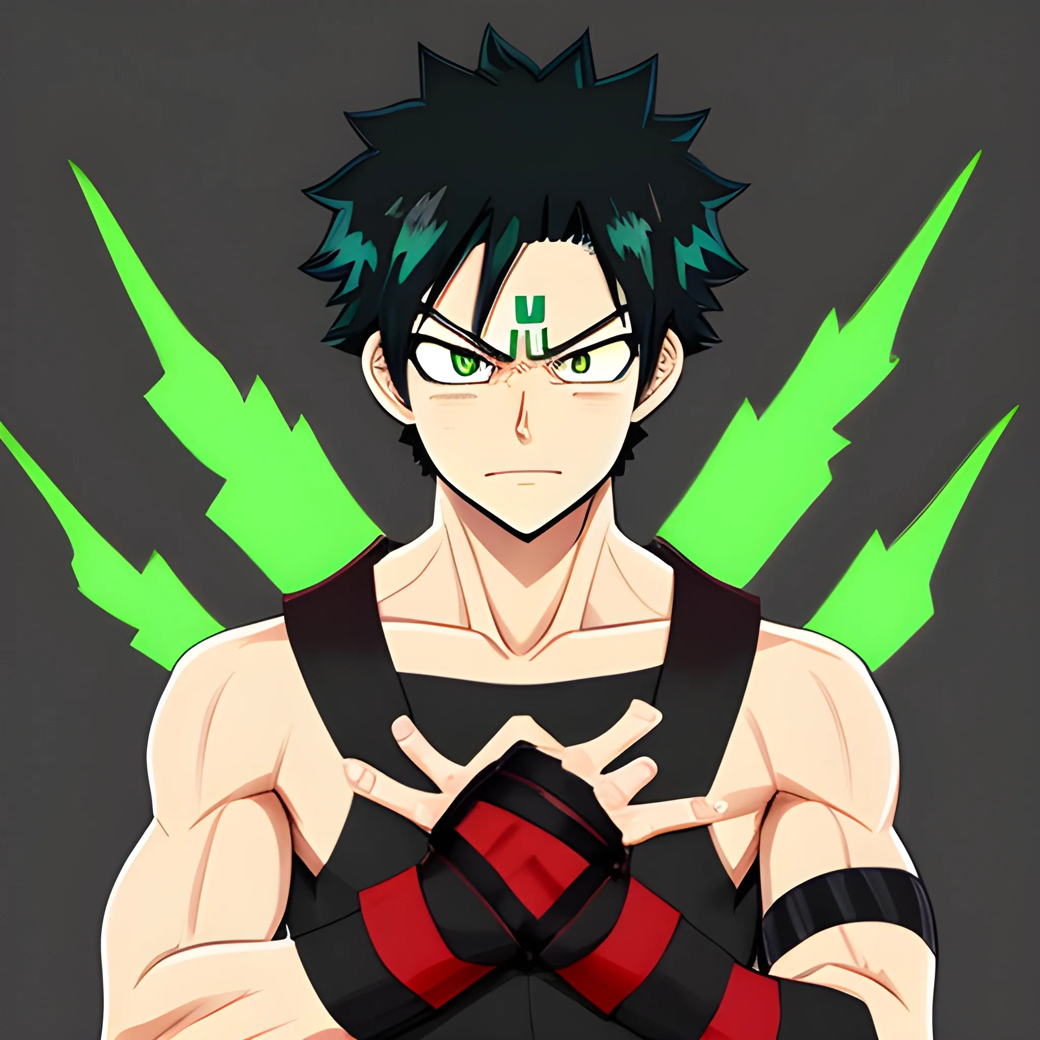 my hero academia male oc with black hair and green eyes and fire around hands looking melancholic