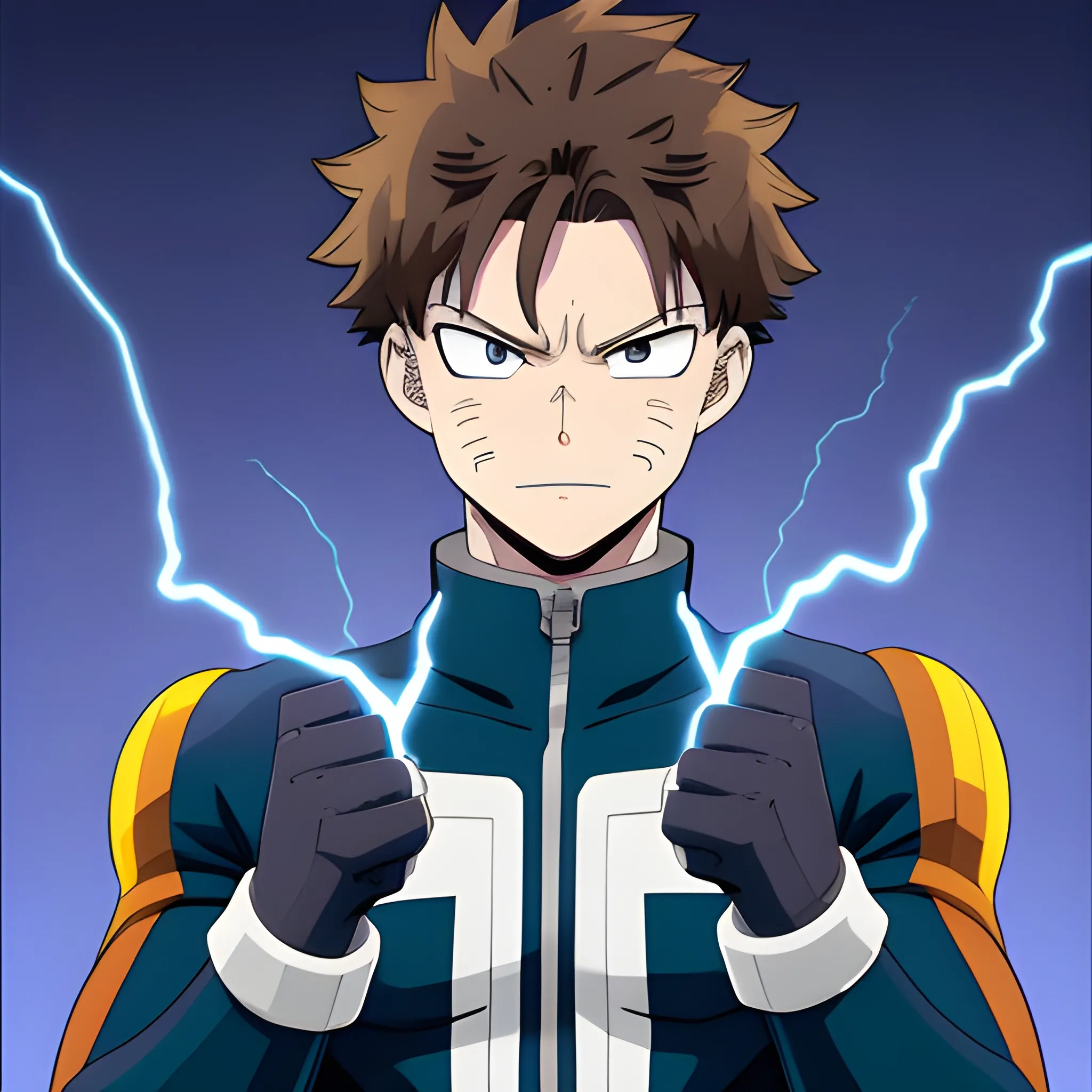 my hero academia male oc with brown hair and brown eyes and blue electricity around hands looking melancholic