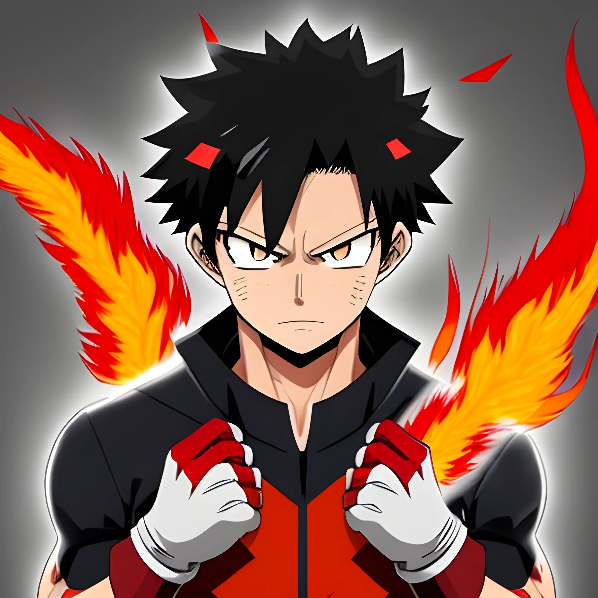 my hero academia male oc with black hair and brown eyes and red fire around hands looking melancholic