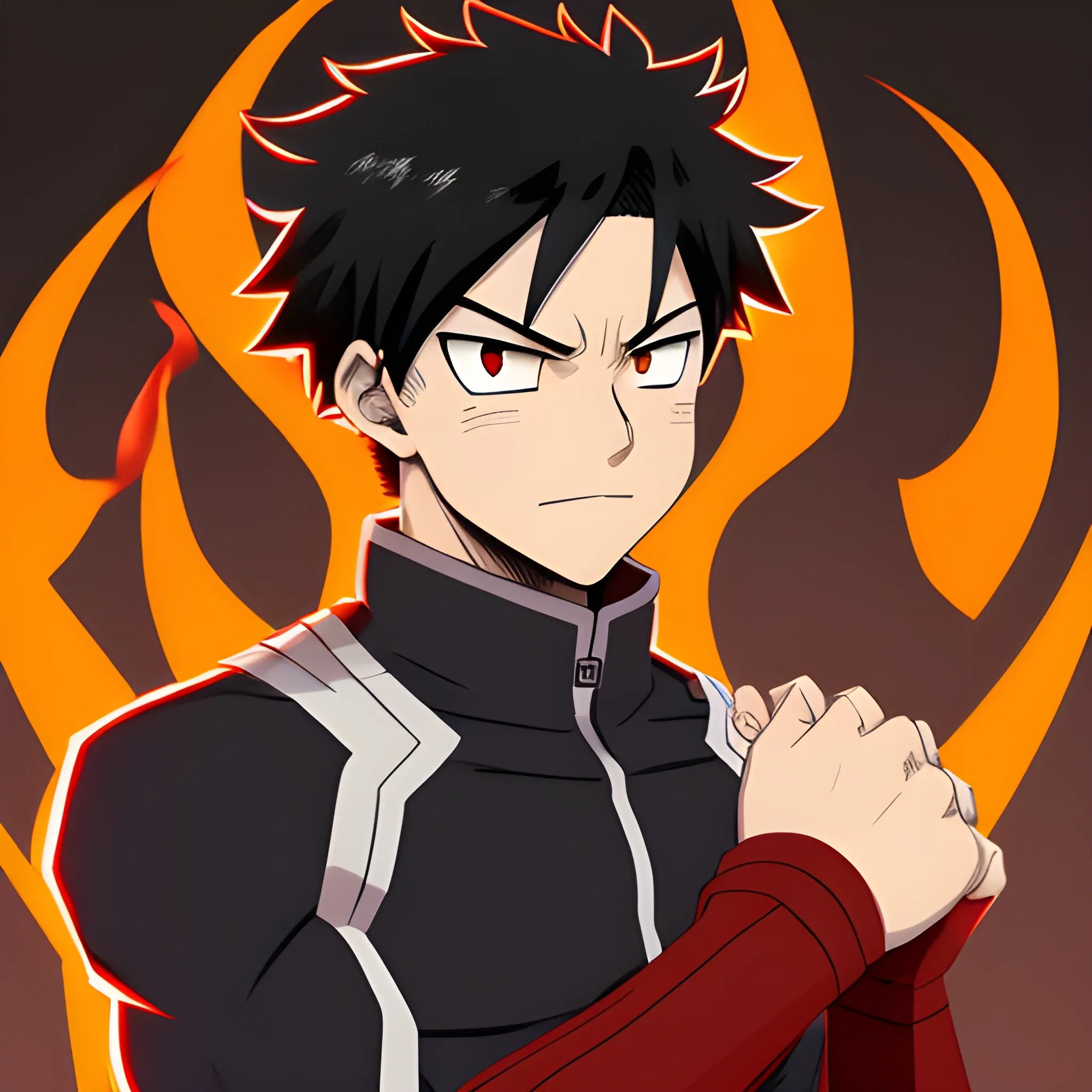 my hero academia male oc with black hair and brown eyes and red fire around hands looking melancholic