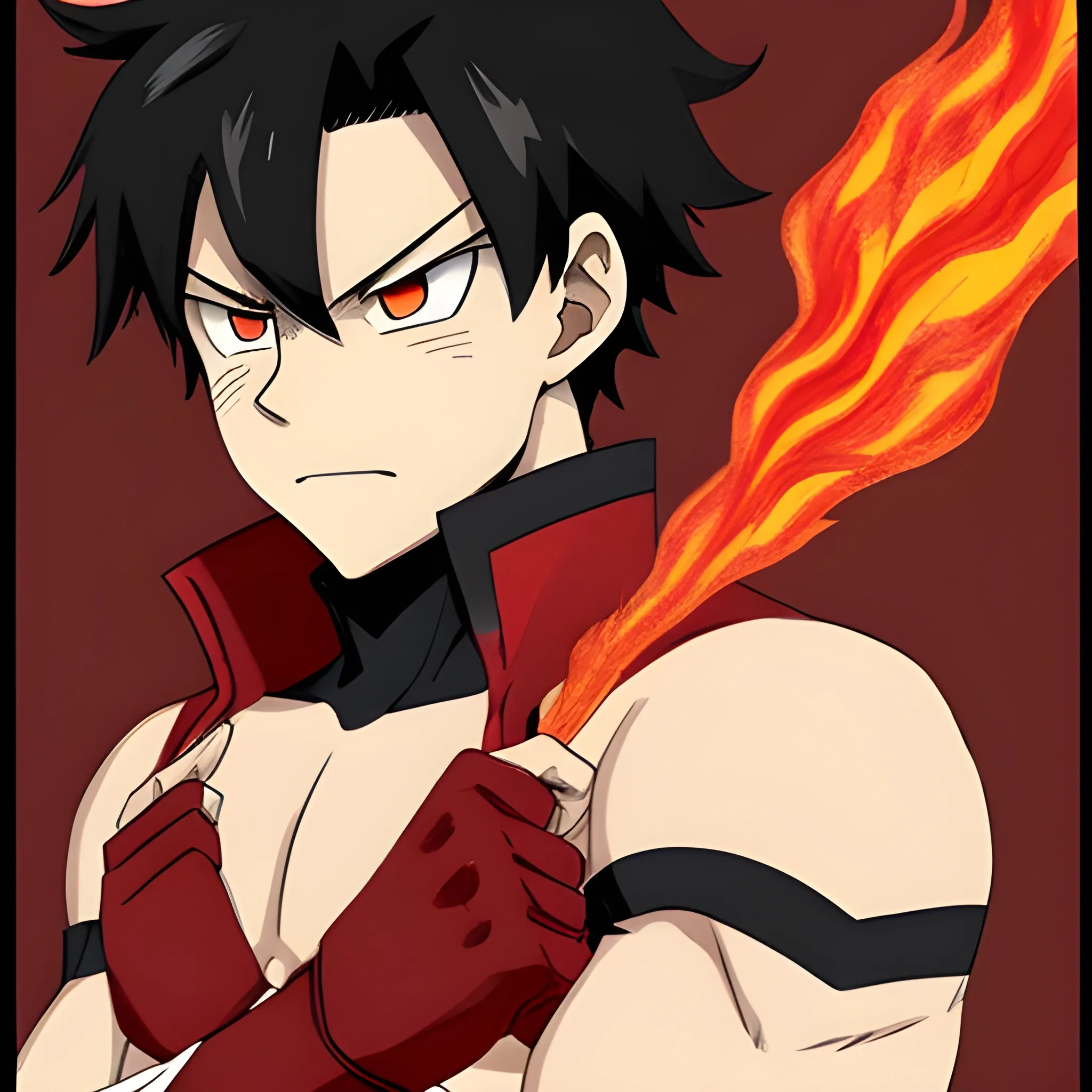 my hero academia male oc with black hair and brown eyes and red fire around hands looking melancholic