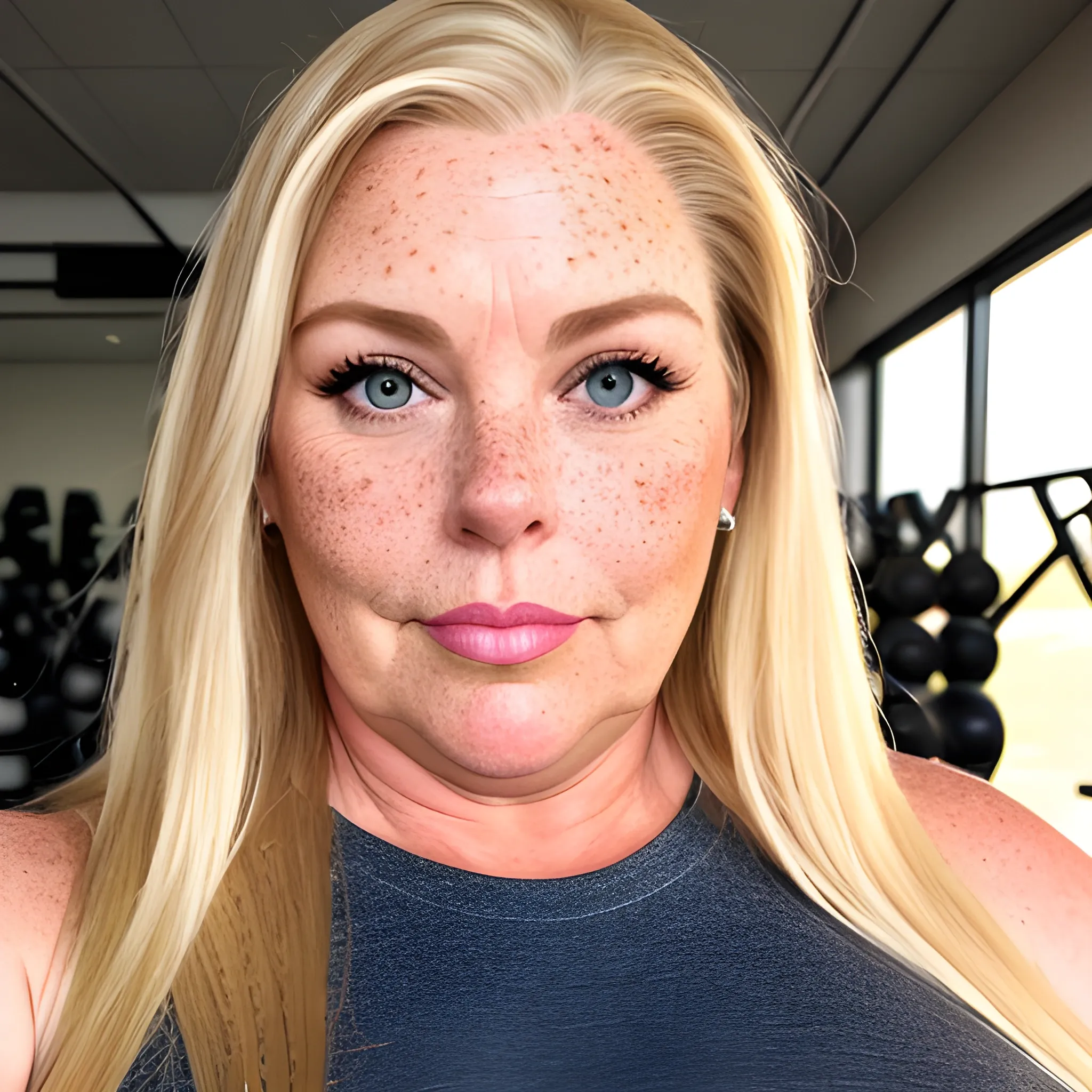 Tall beautiful plus sized, ample, middle-aged  American Woman, long straight blonde hair, full lips, full face, freckles, fitted workout clothing, looking down at the camera, up close pov, detailed, warm lighting 