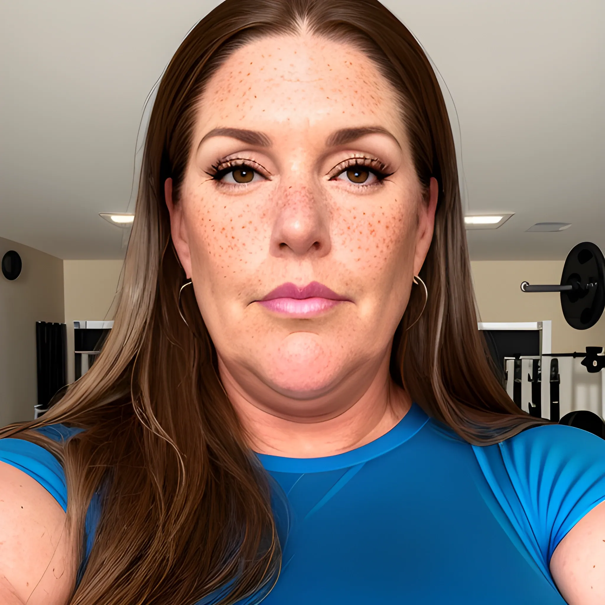 Tall beautiful plus sized, ample, middle-aged  American Woman, long straight brown hair, full lips, full face, freckles, fitted workout clothing, looking down at the camera, up close pov, detailed, warm lighting 