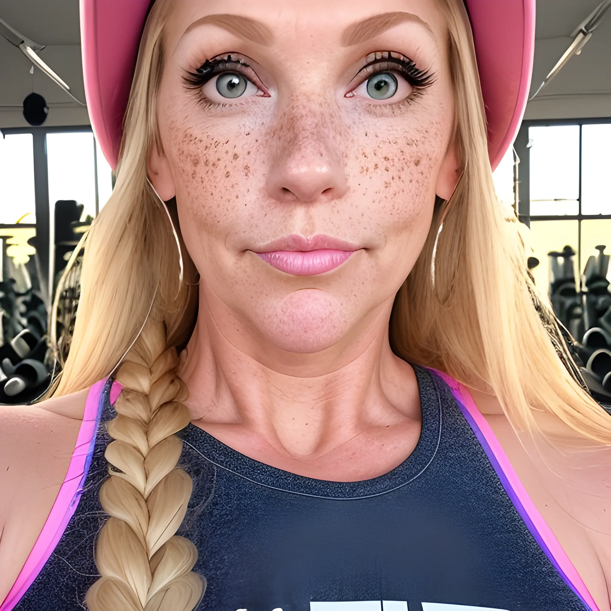 Two, tall, beautiful, plus sized, ample, middle-aged  American Women, long straight blonde hair, full lips, full face, freckles, pink fitted workout clothing, looking down at the camera, up close pov, detailed. 