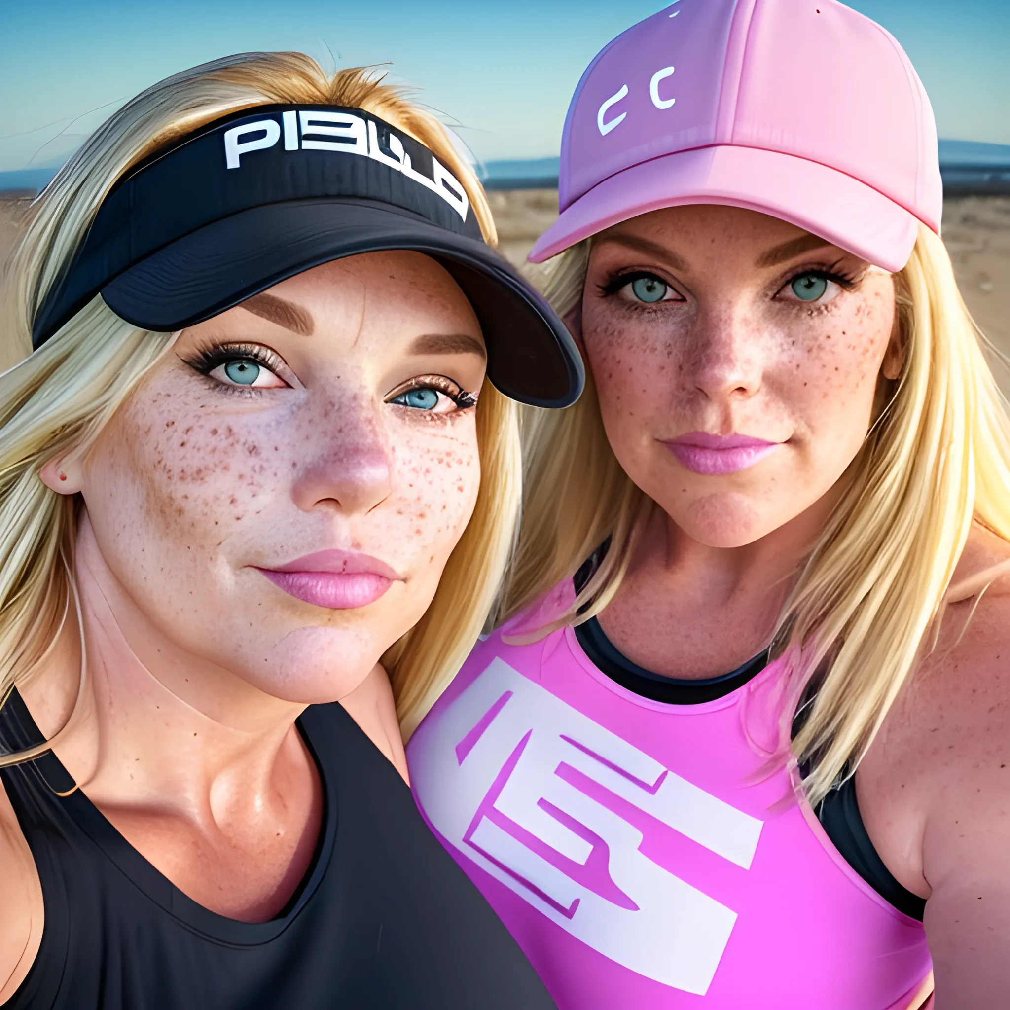 Two tall, beautiful, plus sized, ample, middle-aged  American Women, long straight blonde hair, full lips, full face, freckles, pink fitted workout clothing, looking down at the camera, up close pov, detailed. 
