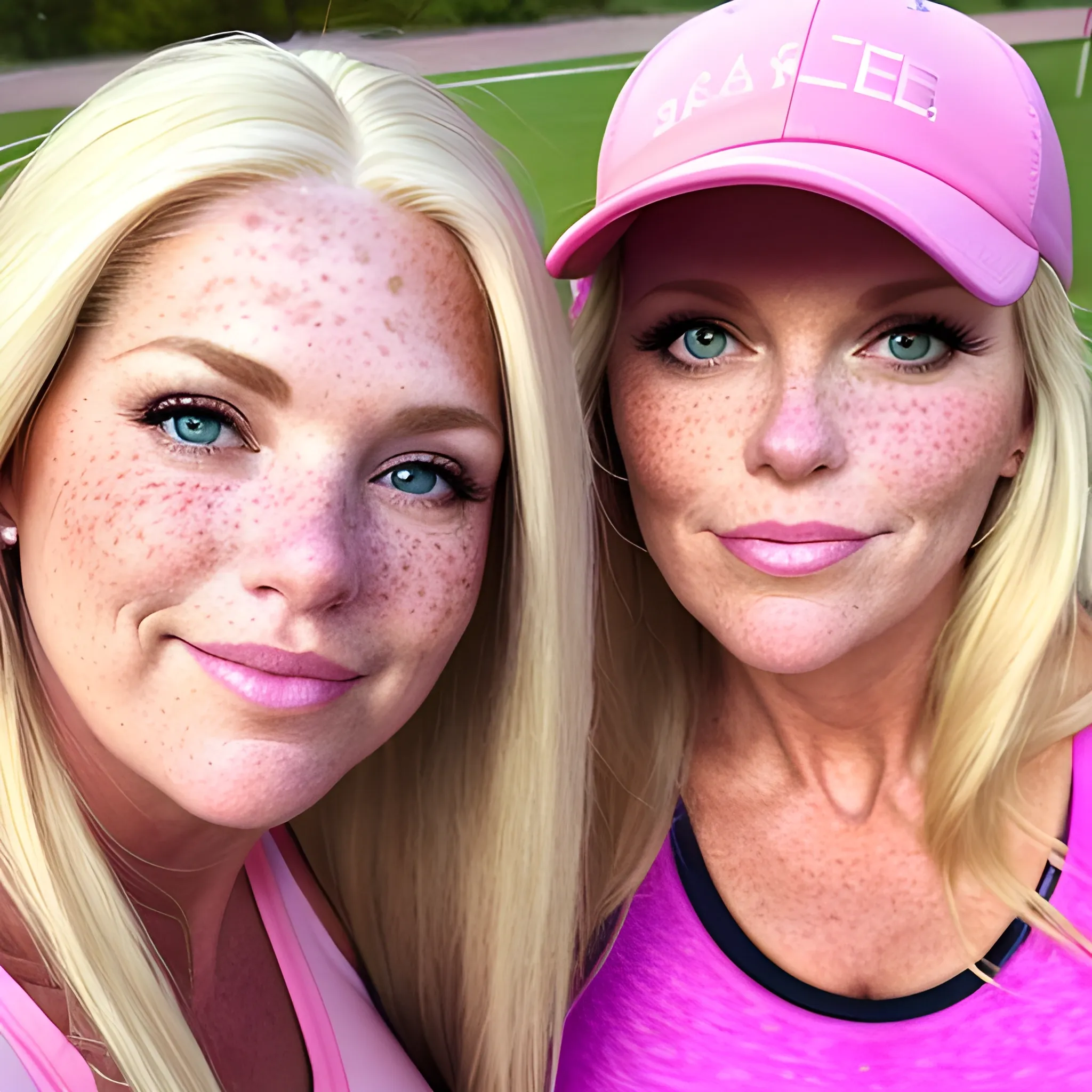 Two tall, beautiful, plus sized, ample, middle-aged  American Women, long straight blonde hair, full lips, full face, freckles, pink and red fitted workout clothing, looking down at the camera, up close pov, detailed. 