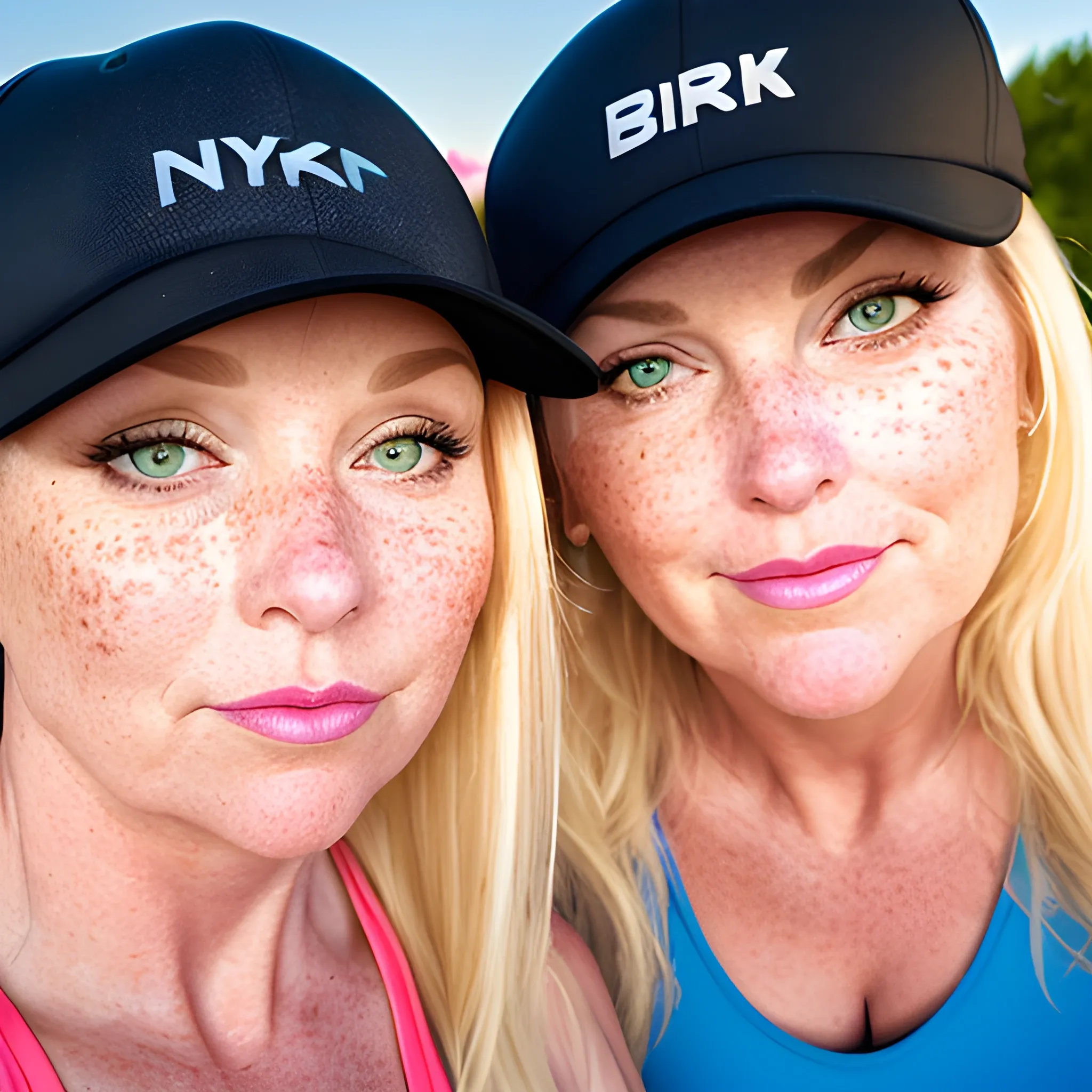 Two tall, beautiful, plus sized, ample, middle-aged  American Women, long straight blonde hair, full lips, full face, freckles, yellow and red fitted workout clothing, looking down at the camera, up close pov, detailed. 