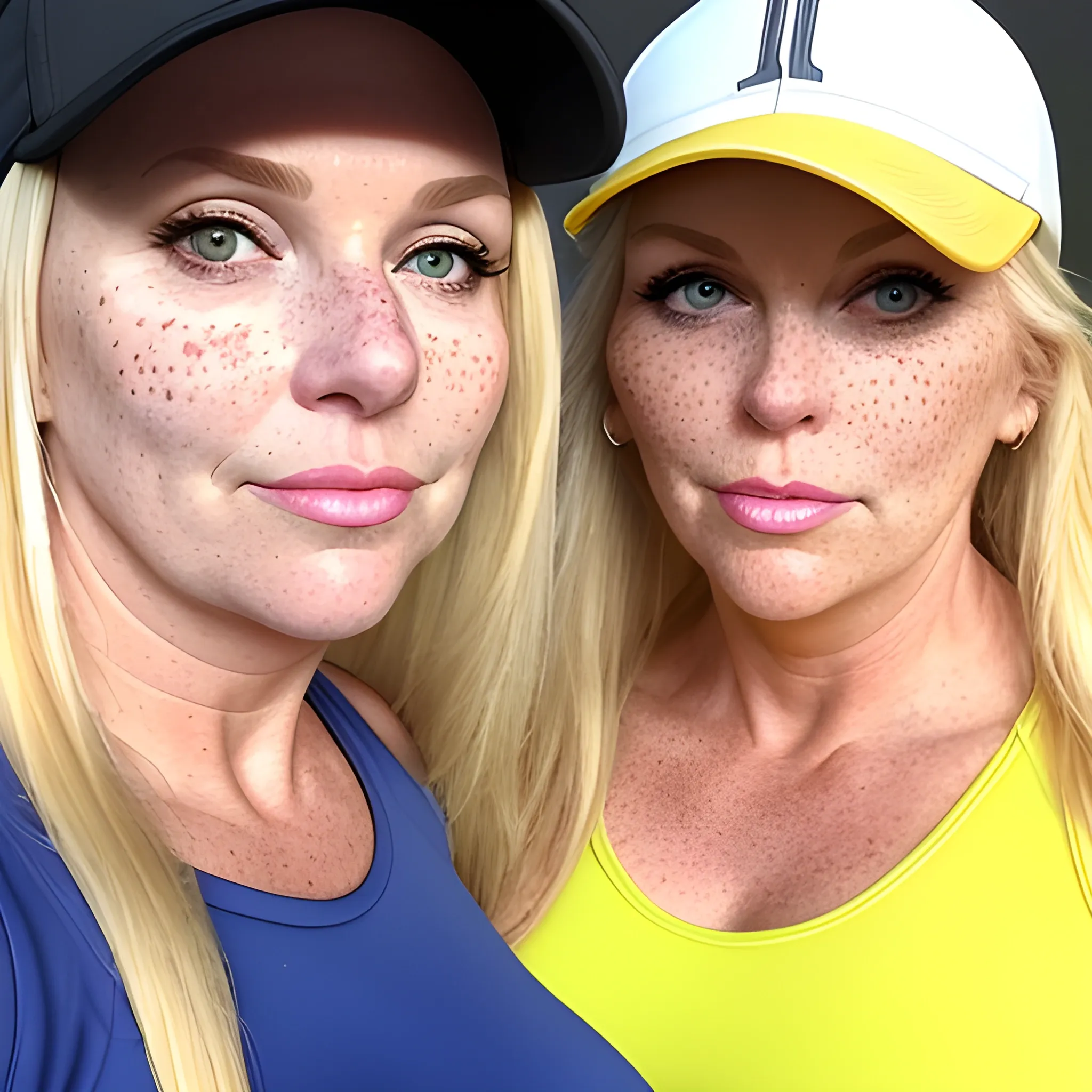Two tall, beautiful, plus sized, ample, middle-aged  American Women, long straight blonde hair, full lips, full face, freckles, yellow and red fitted workout clothing, looking down at the camera, up close pov, detailed. 
