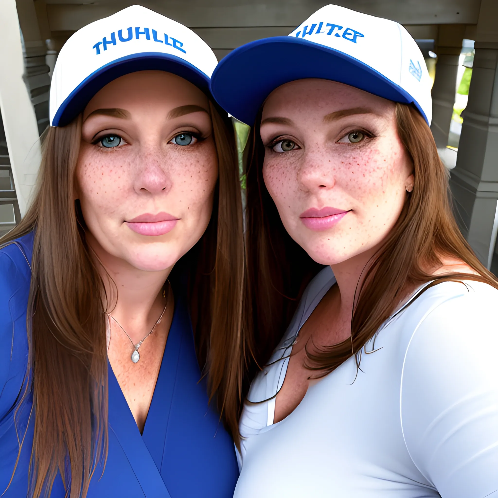 Two tall, beautiful, plus sized, ample, middle-aged  American Women, long straight brown hair, full lips, full face, freckles, blue and white fitted professional clothing, looking down at the camera, up close pov, detailed. 