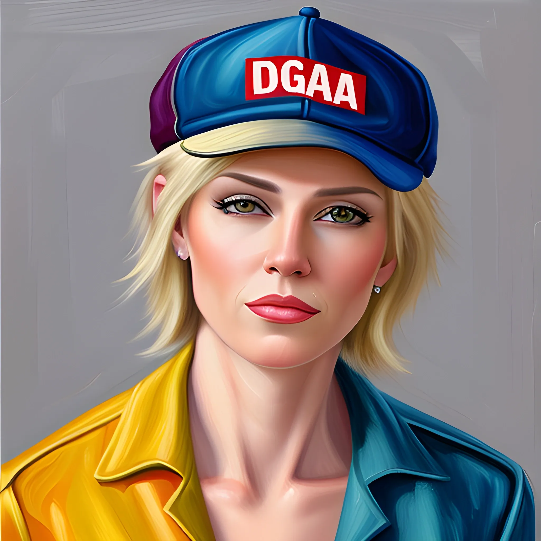 , Cartoon
masculine, blonde, dyke, butch, maga hat,mature lady, Oil Painting