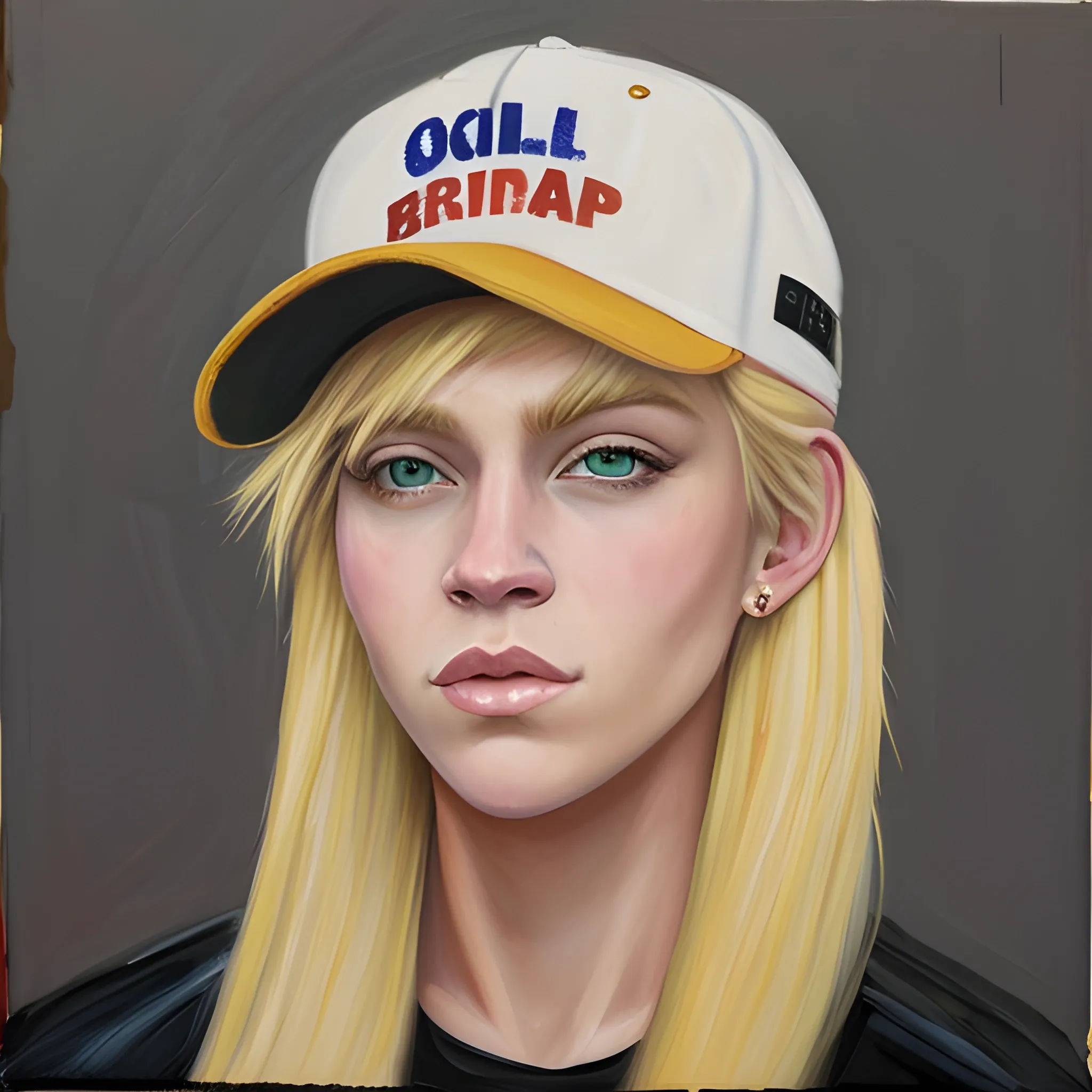 Oil Painting,
 blonde, dyke, butch, maga hat