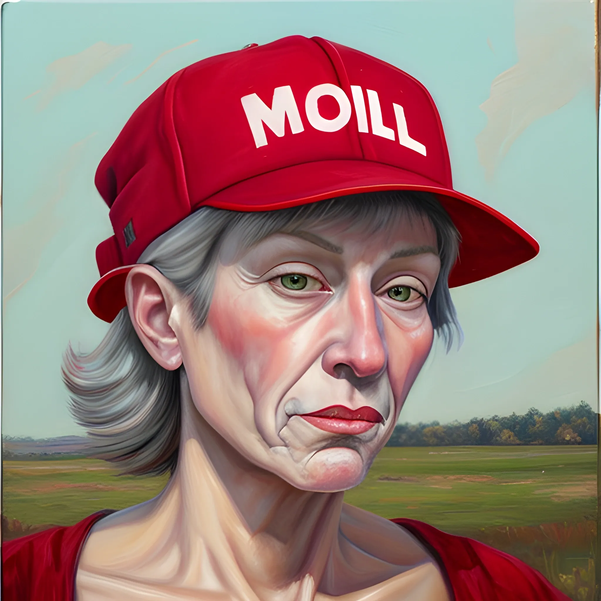  Oil Painting,
marjorie taylor, ugly, dyke,red  maga hat 
