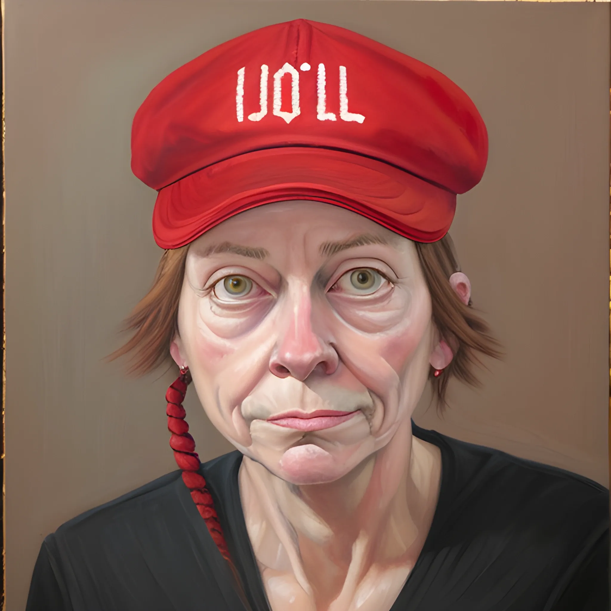  Oil Painting,
marjorie, ugly, dyke,red  maga hat 
