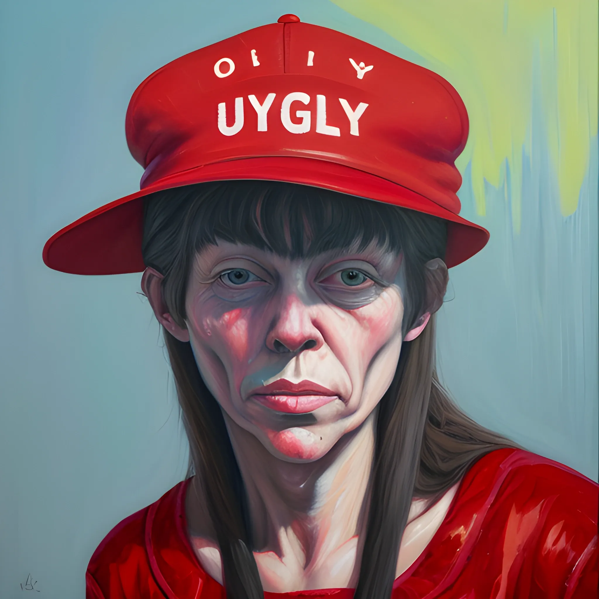  Oil Painting,
marjorie, ugly, dyke,red  maga hat 
, Trippy