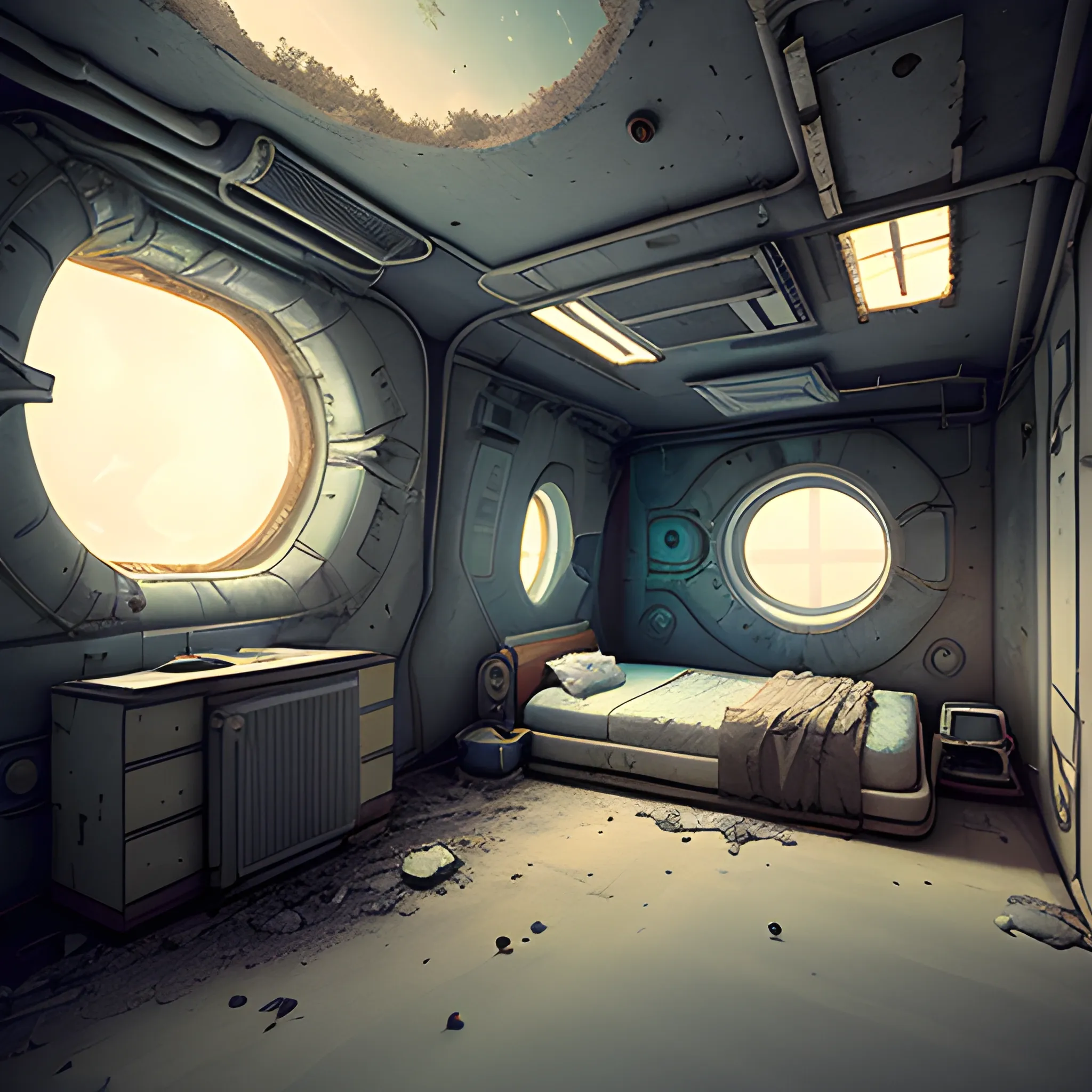 a room with a bed and a window, a detailed matte painting by Filip Hodas, cgsociety, photorealism, post apocalyptic room interior, inside abandoned space ship, room of a spacecraft, turtles