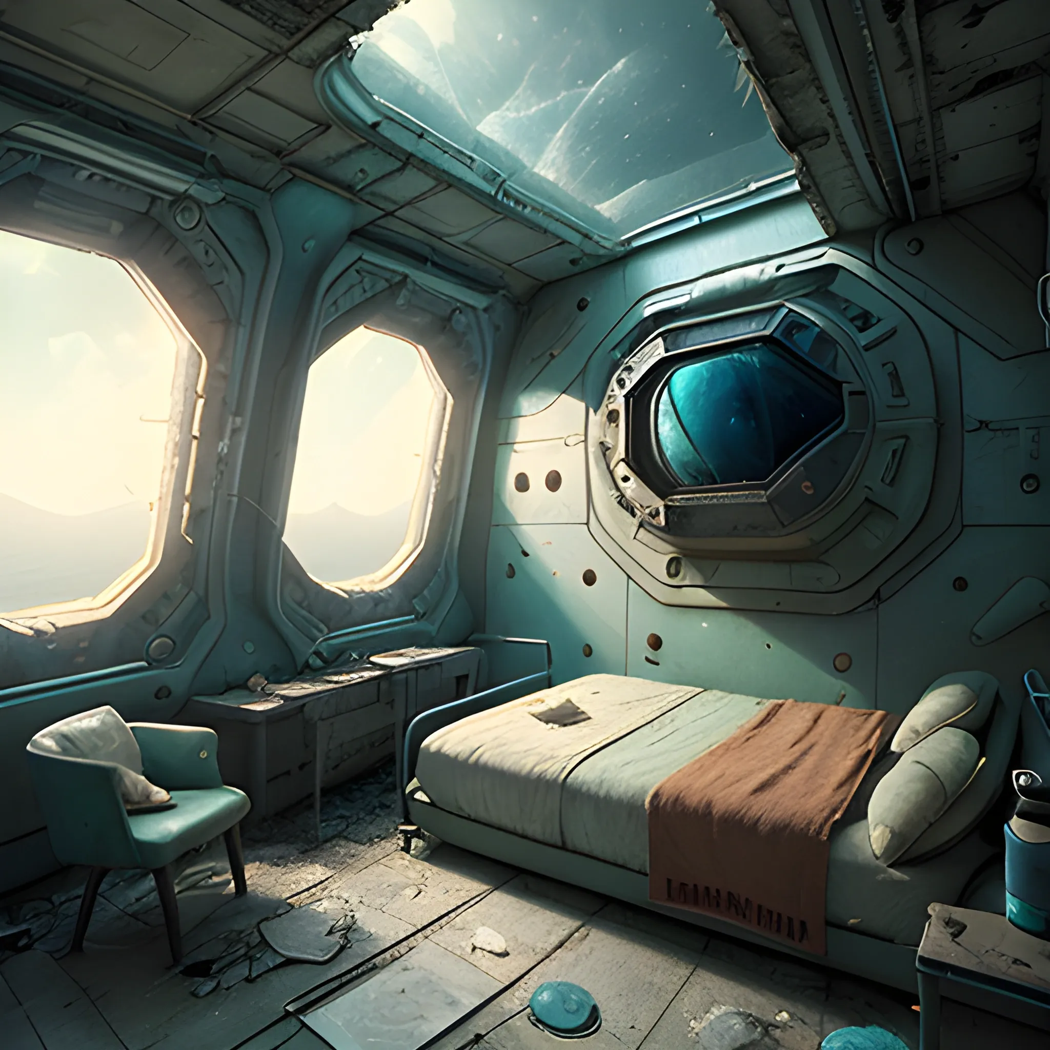 a room with a bed and a window, a detailed matte painting by Filip Hodas, cgsociety, photorealism, post apocalyptic room interior, inside abandoned space ship, room of a spacecraft, turtles, Water Color