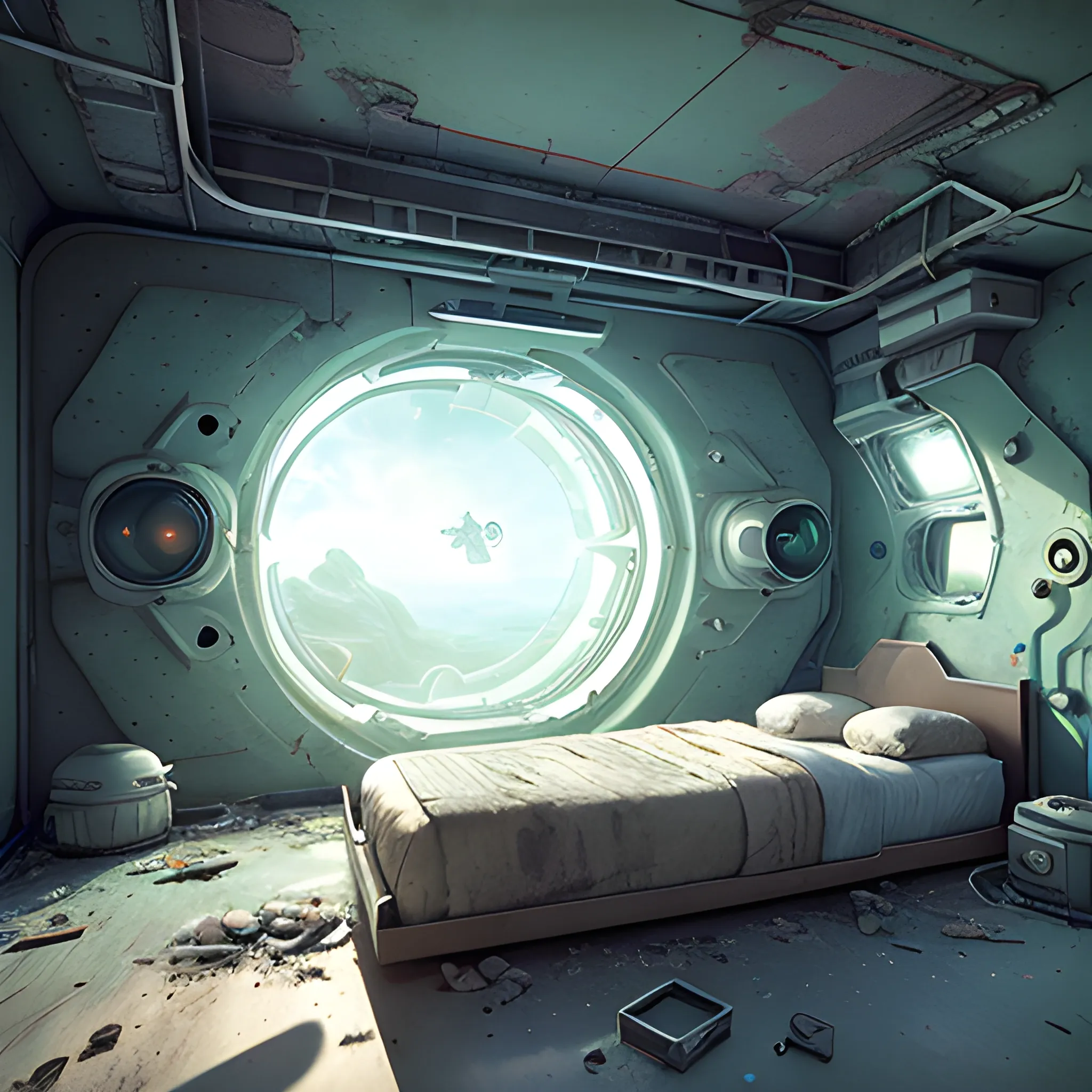 a room with a bed and a window, a detailed matte painting by Filip Hodas, cgsociety, photorealism, post apocalyptic room interior, inside abandoned strip mall, room of a spacecraft, turtles, Water Color