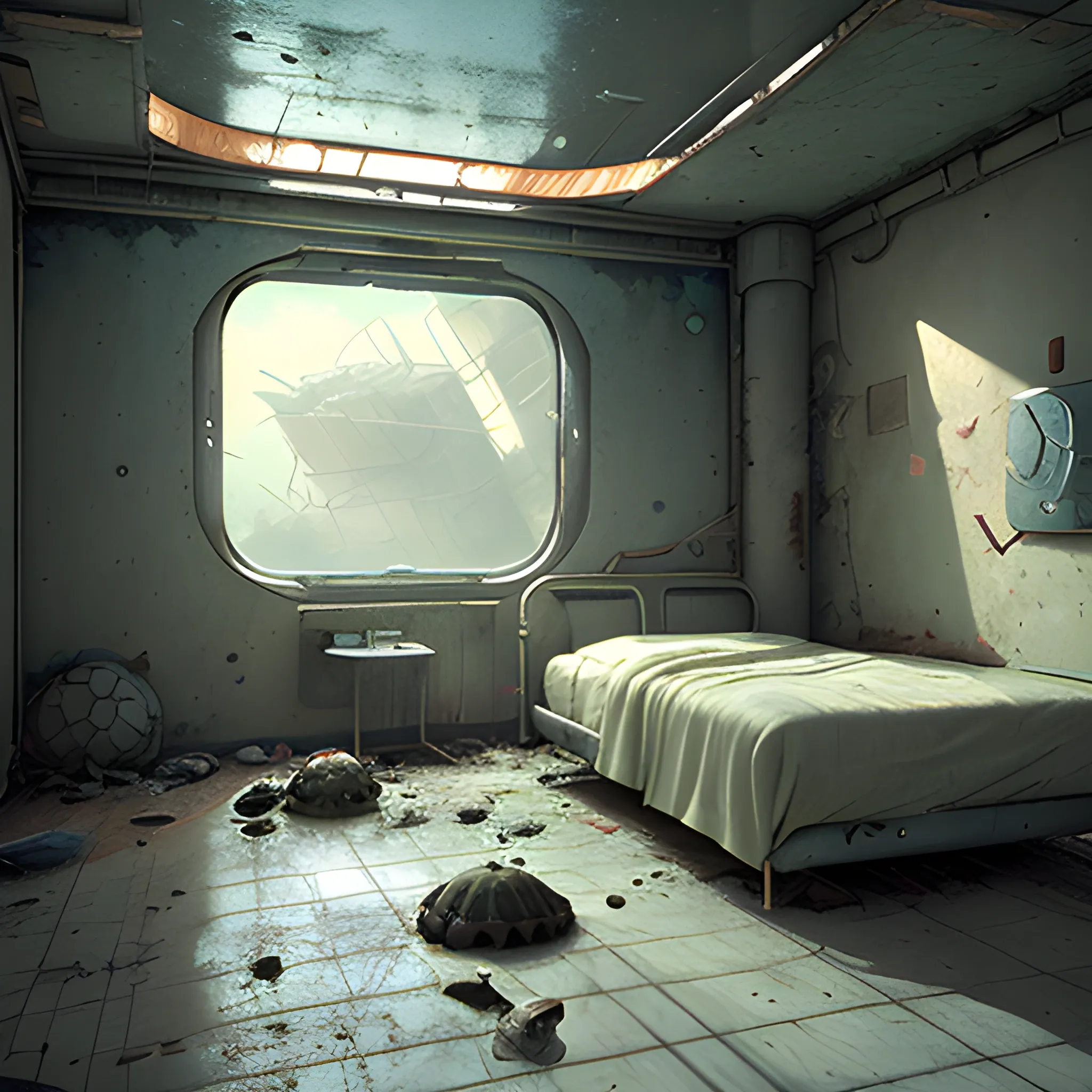 a room with a bed and a window, a detailed matte painting by Filip Hodas, cgsociety, photorealism, post apocalyptic room interior, inside abandoned strip mall, room of a spacecraft, turtles, Water Color, Oil Painting