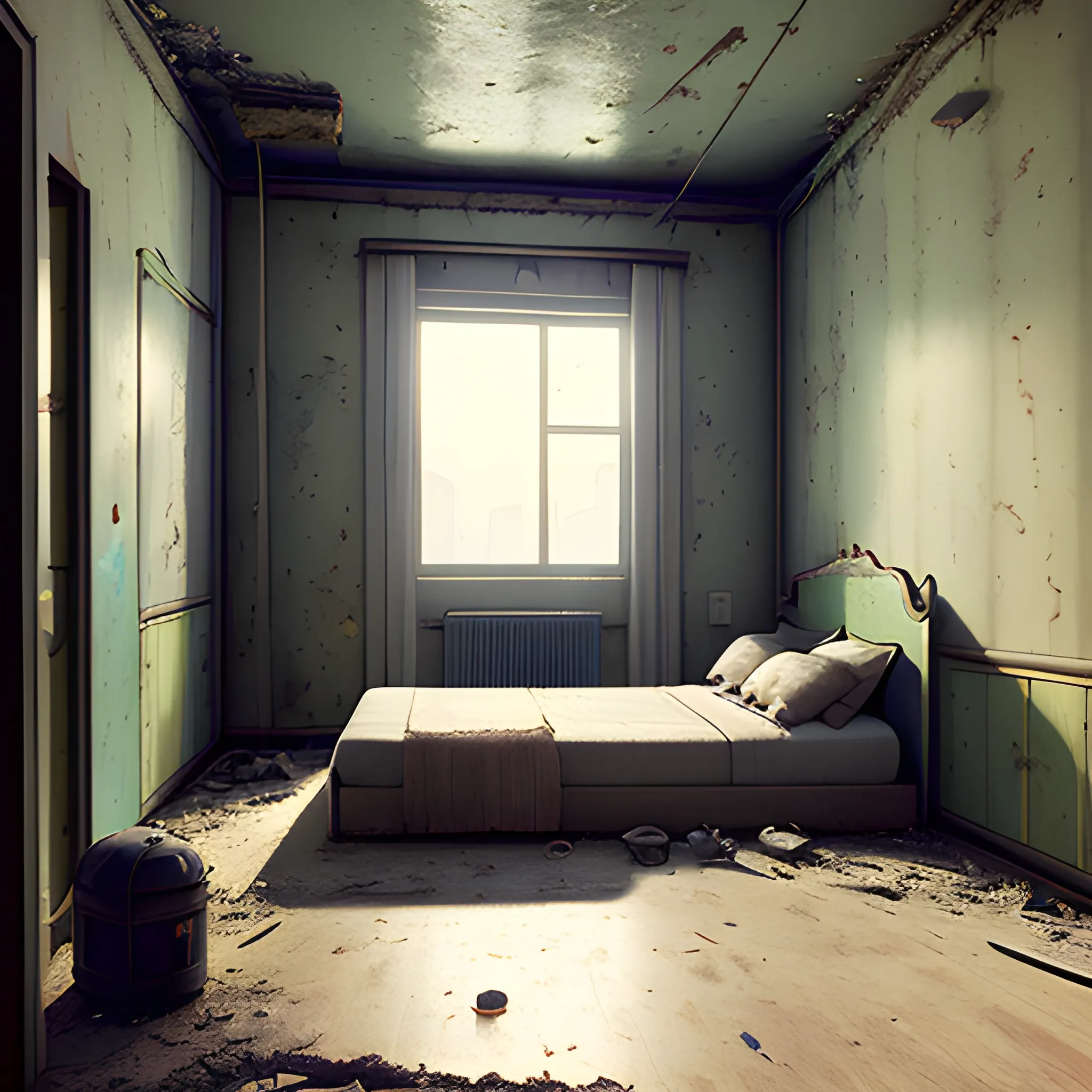 a room with a bed and a window, a detailed matte painting by Filip Hodas, cgsociety, photorealism, post apocalyptic room interior, inside abandoned  city, room of a motel, turtles, Oil Painting