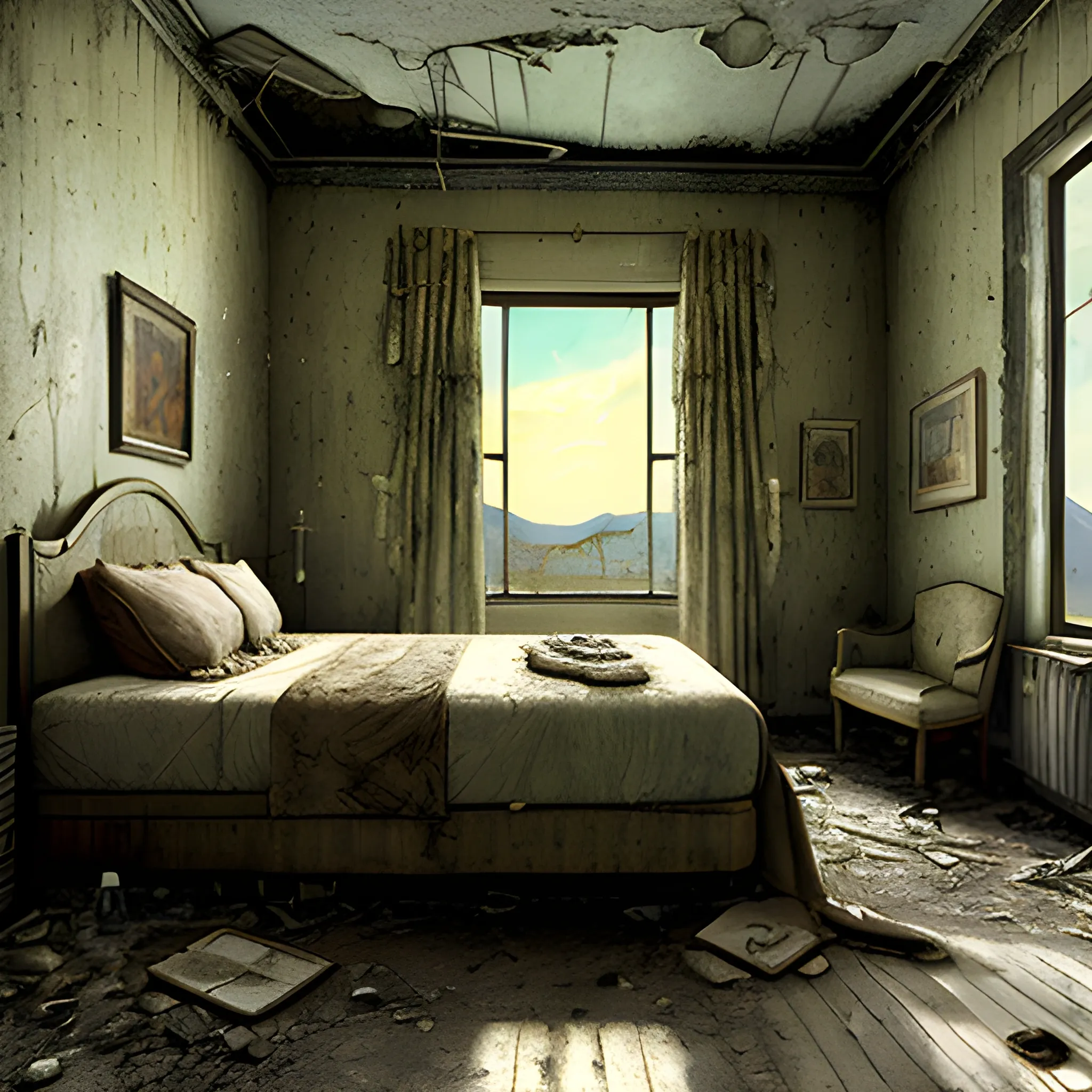 a room with a bed and a window, a detailed matte painting by Salvadore Dali, cgsociety, photorealism, post apocalyptic room interior, inside abandoned  motel, room of a motel, needles, Oil Painting