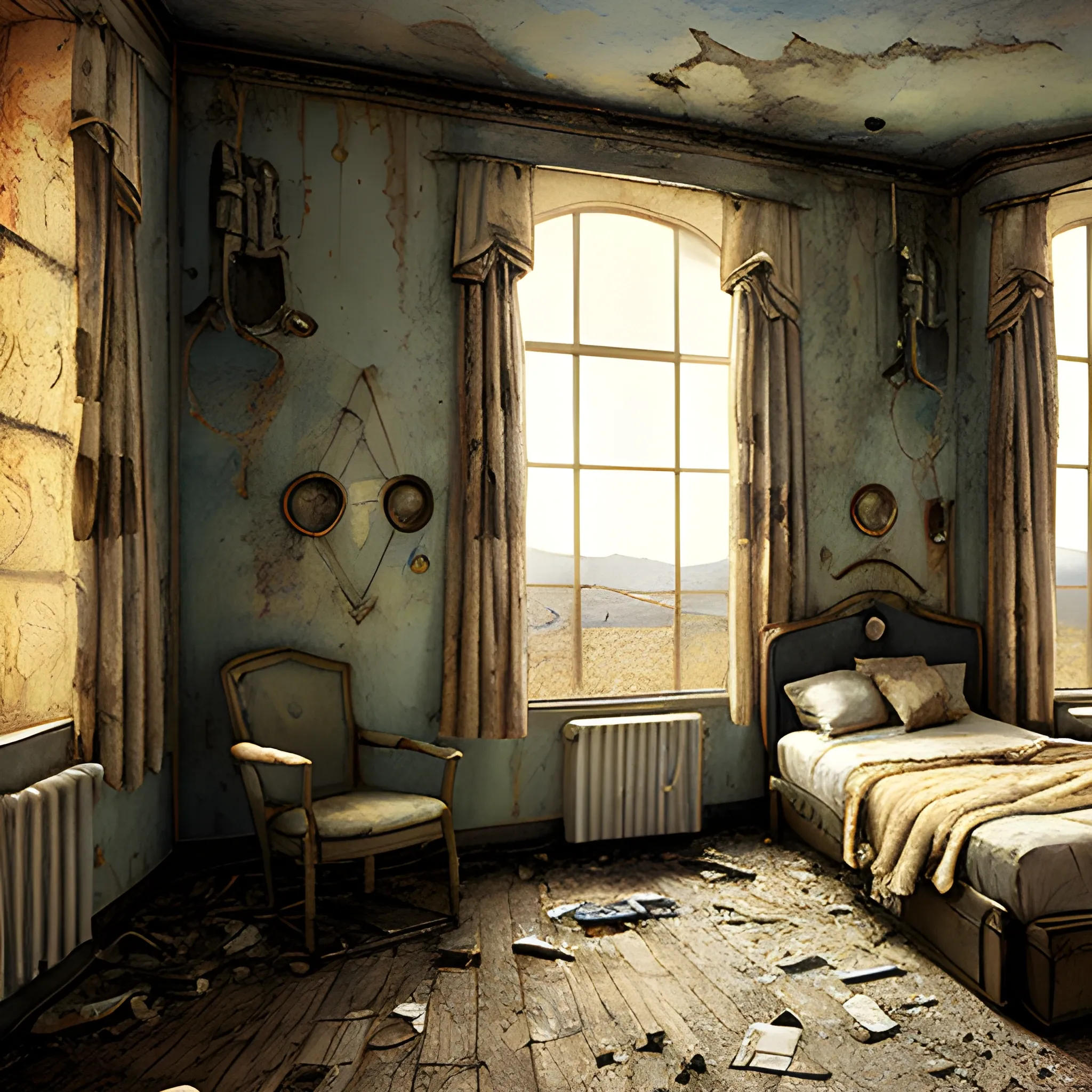 a room with a bed and a window, a detailed matte painting by Salvadore Dali, cgsociety, photorealism, post apocalyptic room interior, inside abandoned  motel, room of a motel, guns, Oil Painting