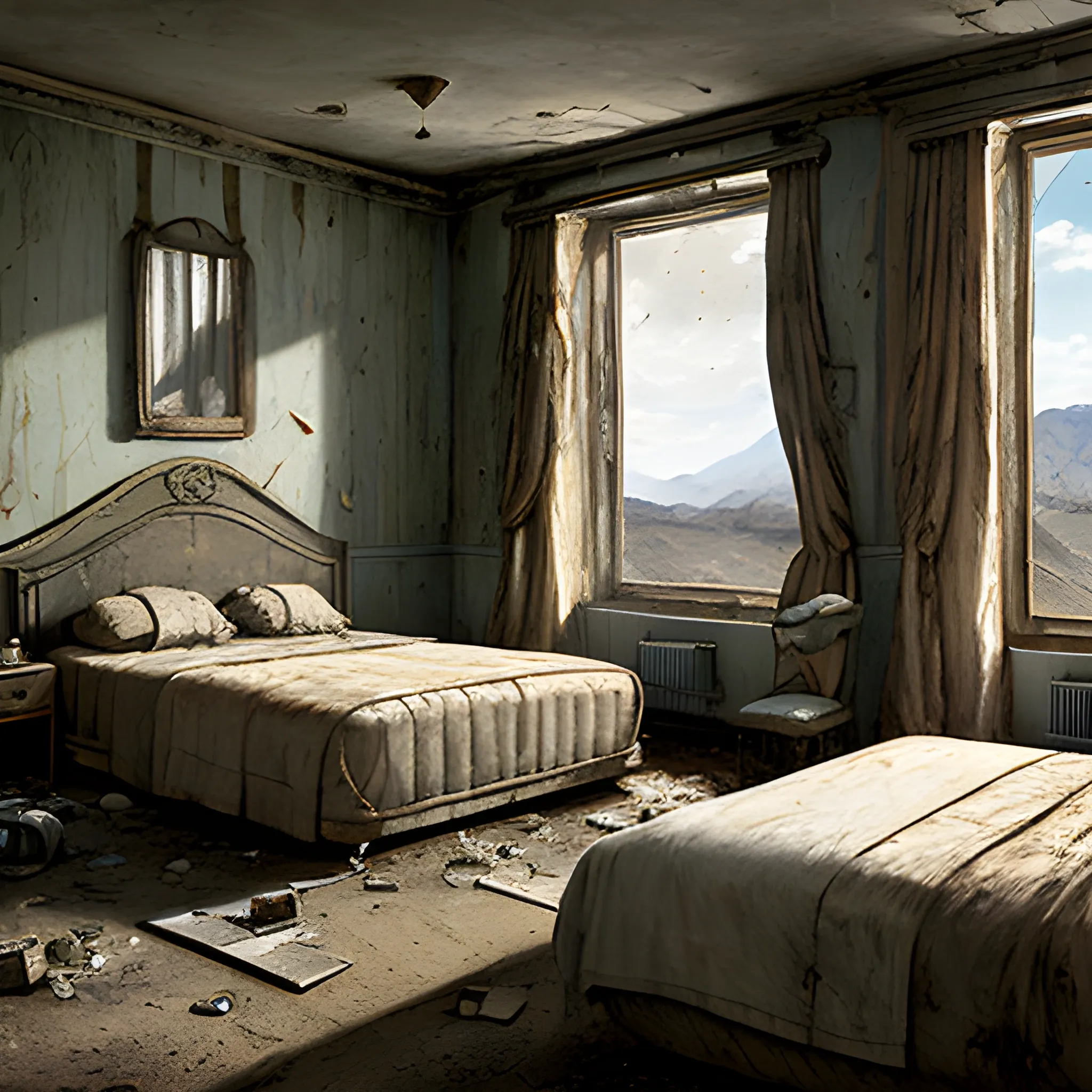 a room with a bed and a window, a detailed matte painting by Salvadore Dali, cgsociety, photorealism, post apocalyptic room interior, inside abandoned  motel, room of a motel, war, Oil Painting