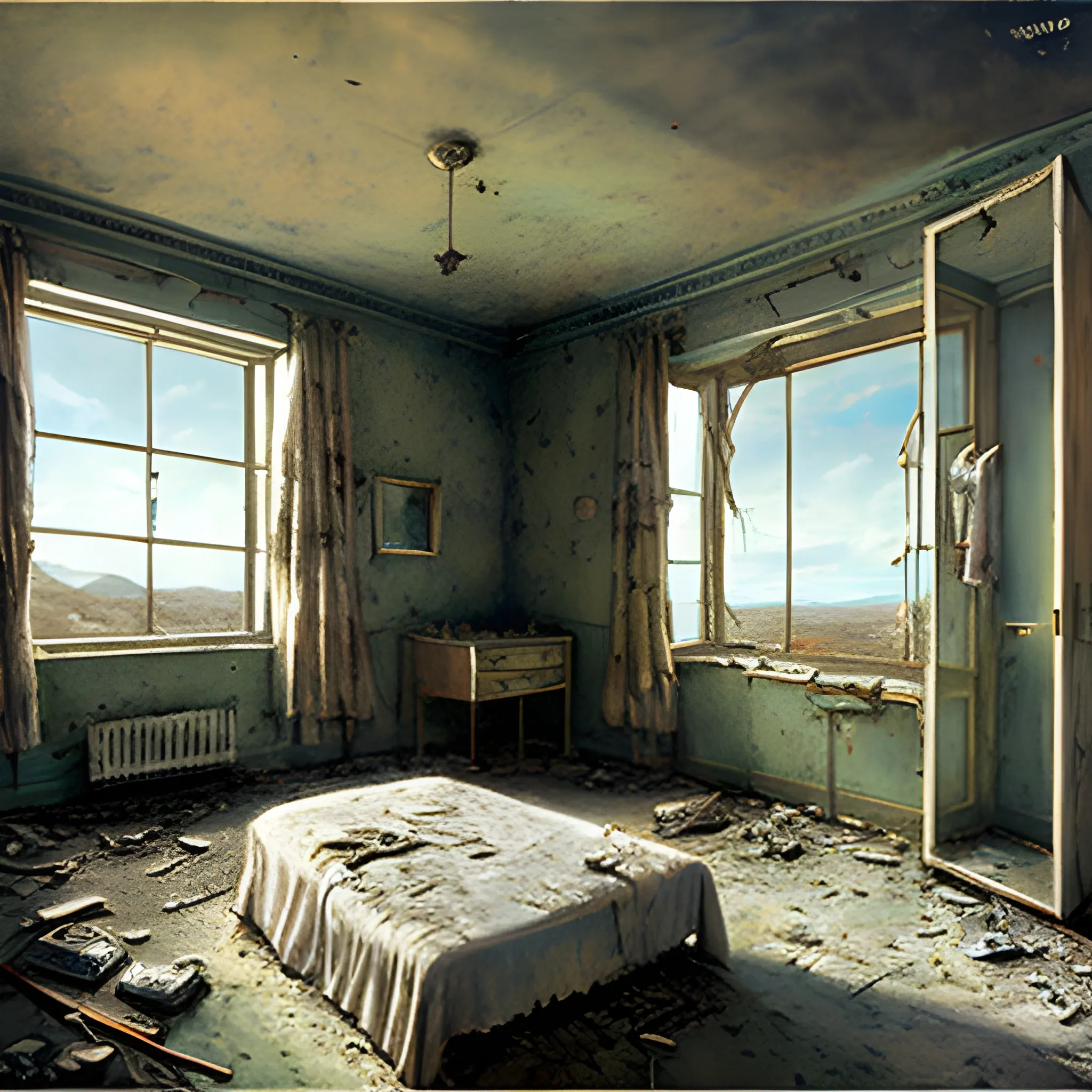 a room with a bed and a window, a detailed matte painting by Salvadore Dali, cgsociety, photorealism, post apocalyptic room interior, inside abandoned  motel, room of a motel, war, Oil Painting, Water Color