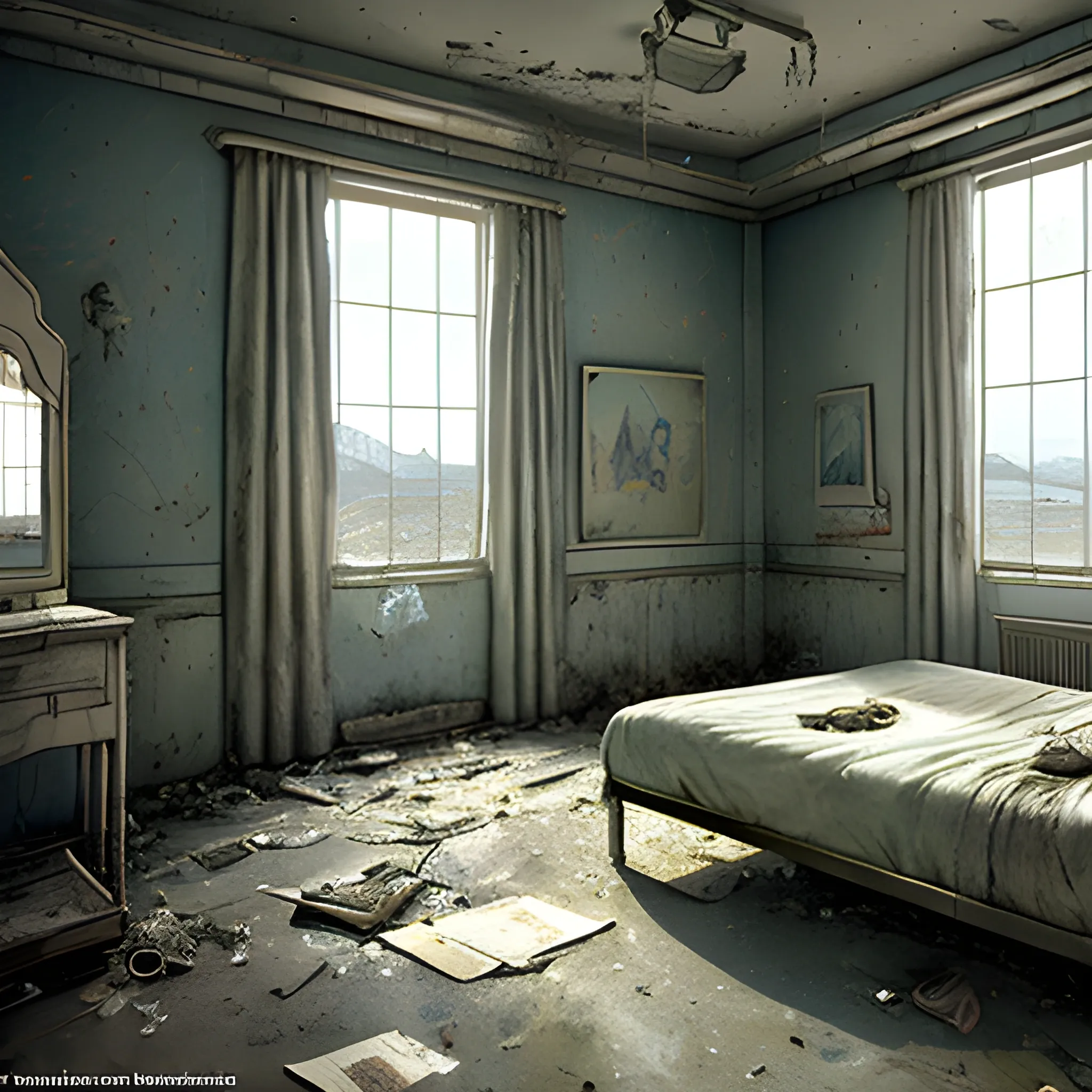 a clean room with a bed and a window, a detailed matte painting by Salvadore Dali, cgsociety, photorealism, post apocalyptic room interior, inside abandoned  motel, room of a motel, war, Water Color